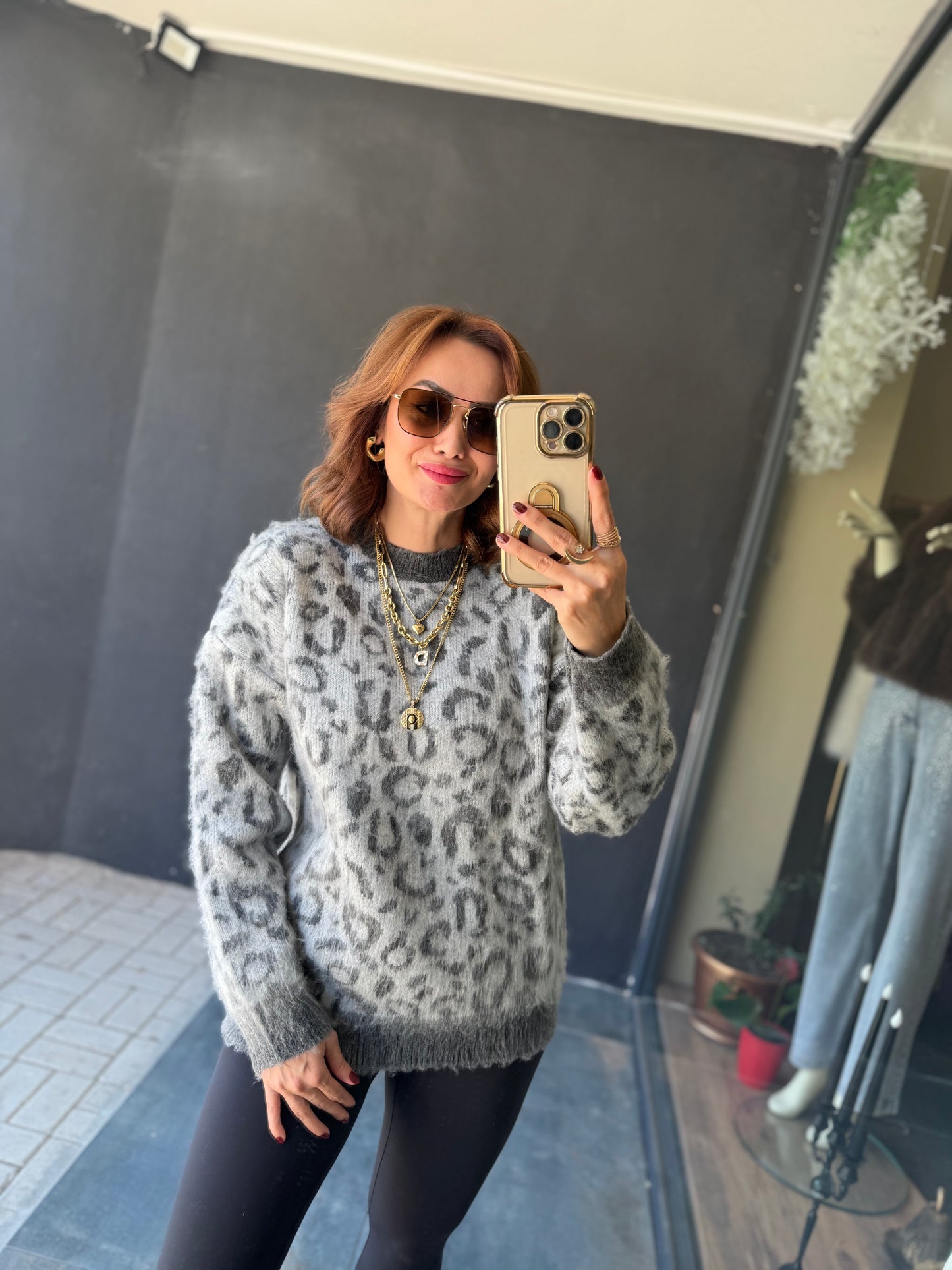 Ozi Gri Leopar Kaşmir Kazak