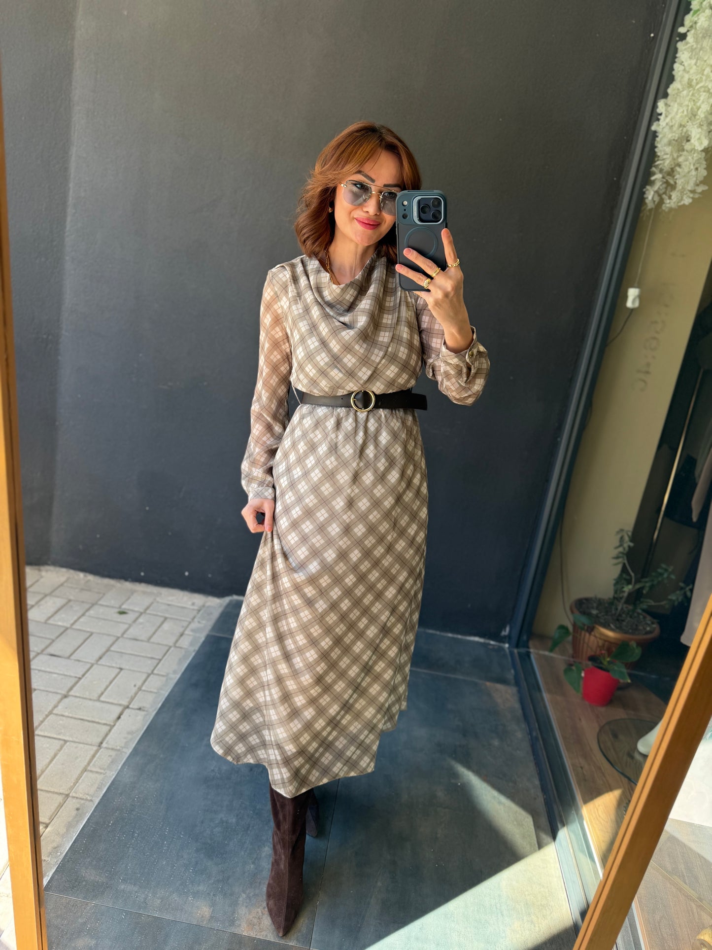 Capo Kemerli Haki Şifon Elbise