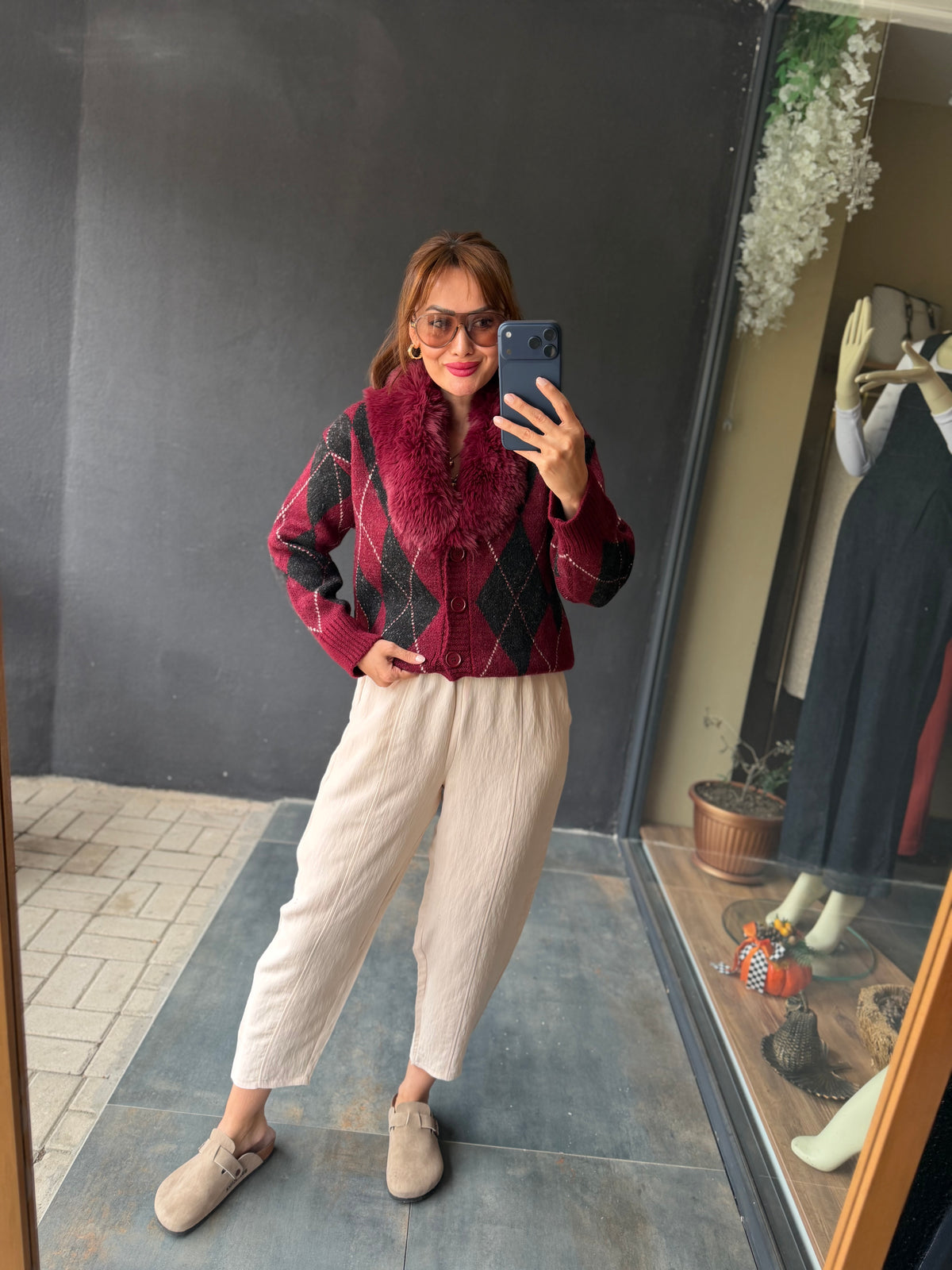Taormina Bordo Baklava Desen Hırka