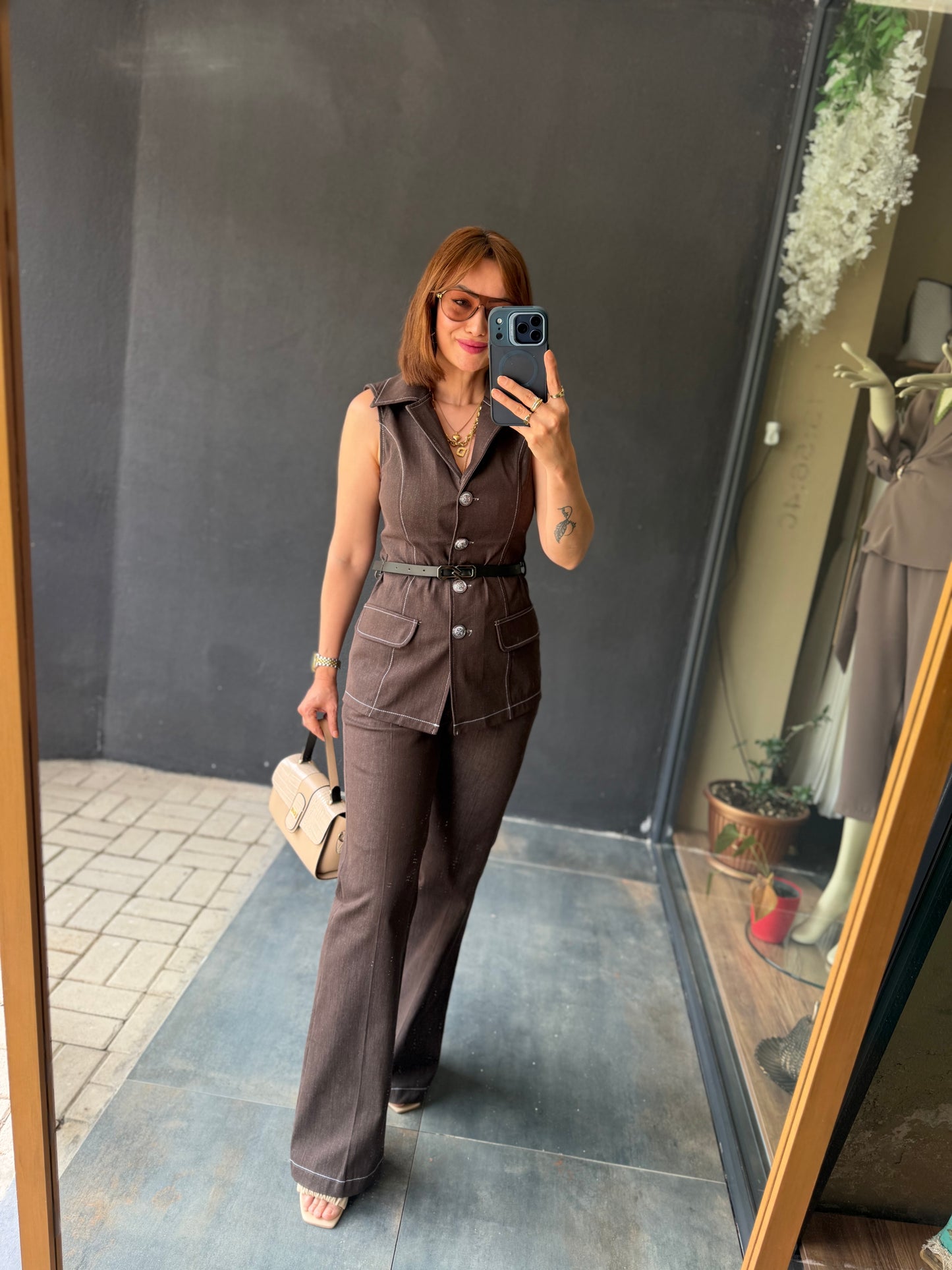 Kahve Kontrast Dikiş Yelek Pantolon Takım