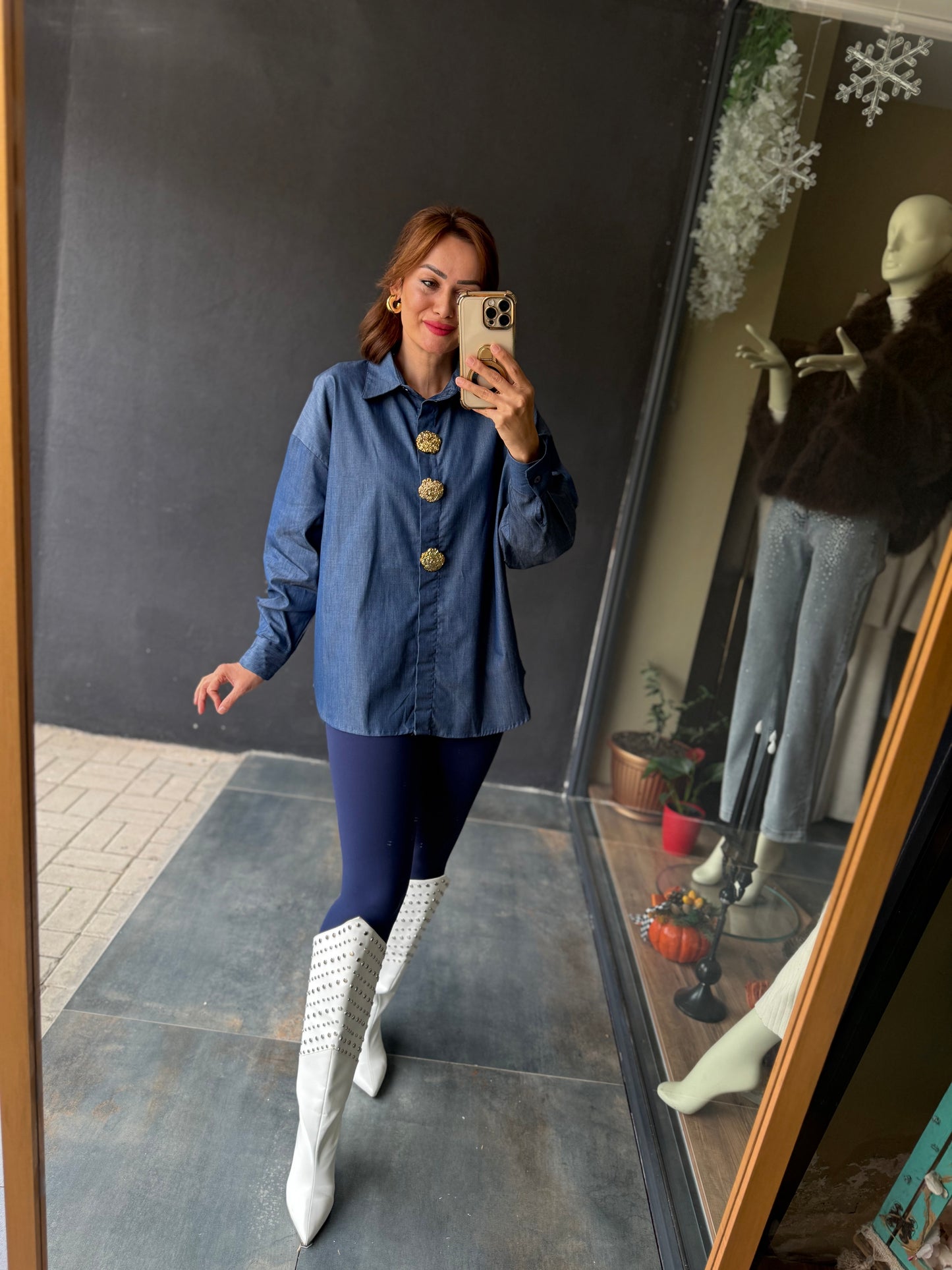 Dafina Gold Broşlu Mavi Gömlek