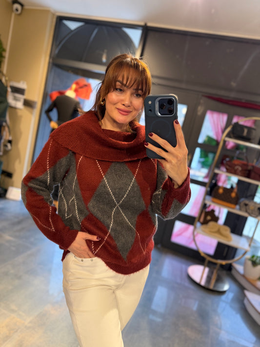 Lucente Bordo Şal Yaka Baklava Desen Kazak