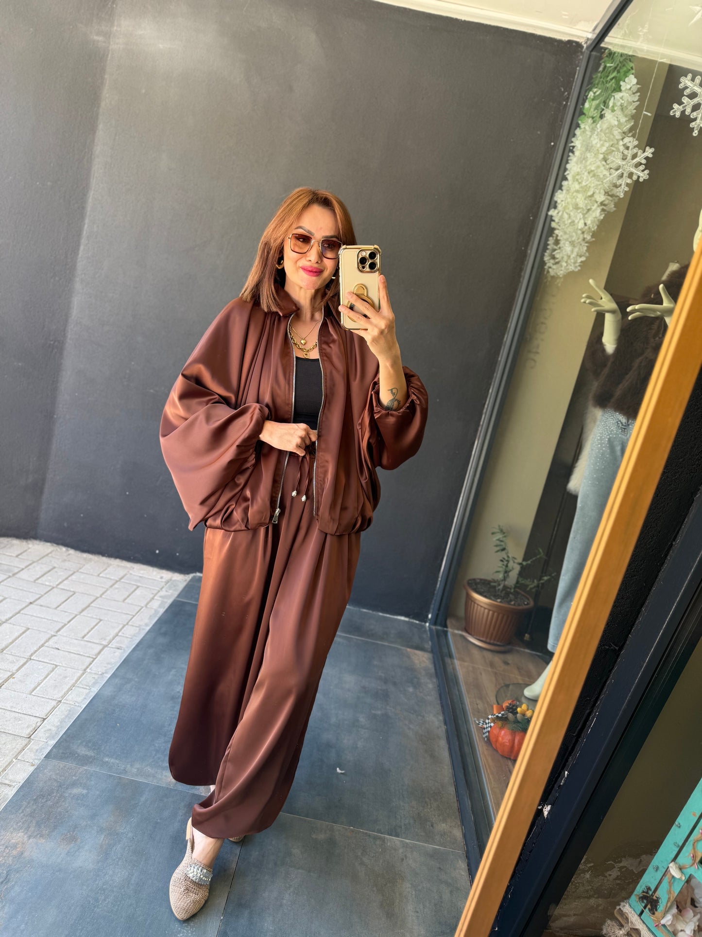 Cardinal Kahve Saten Bomber Takım