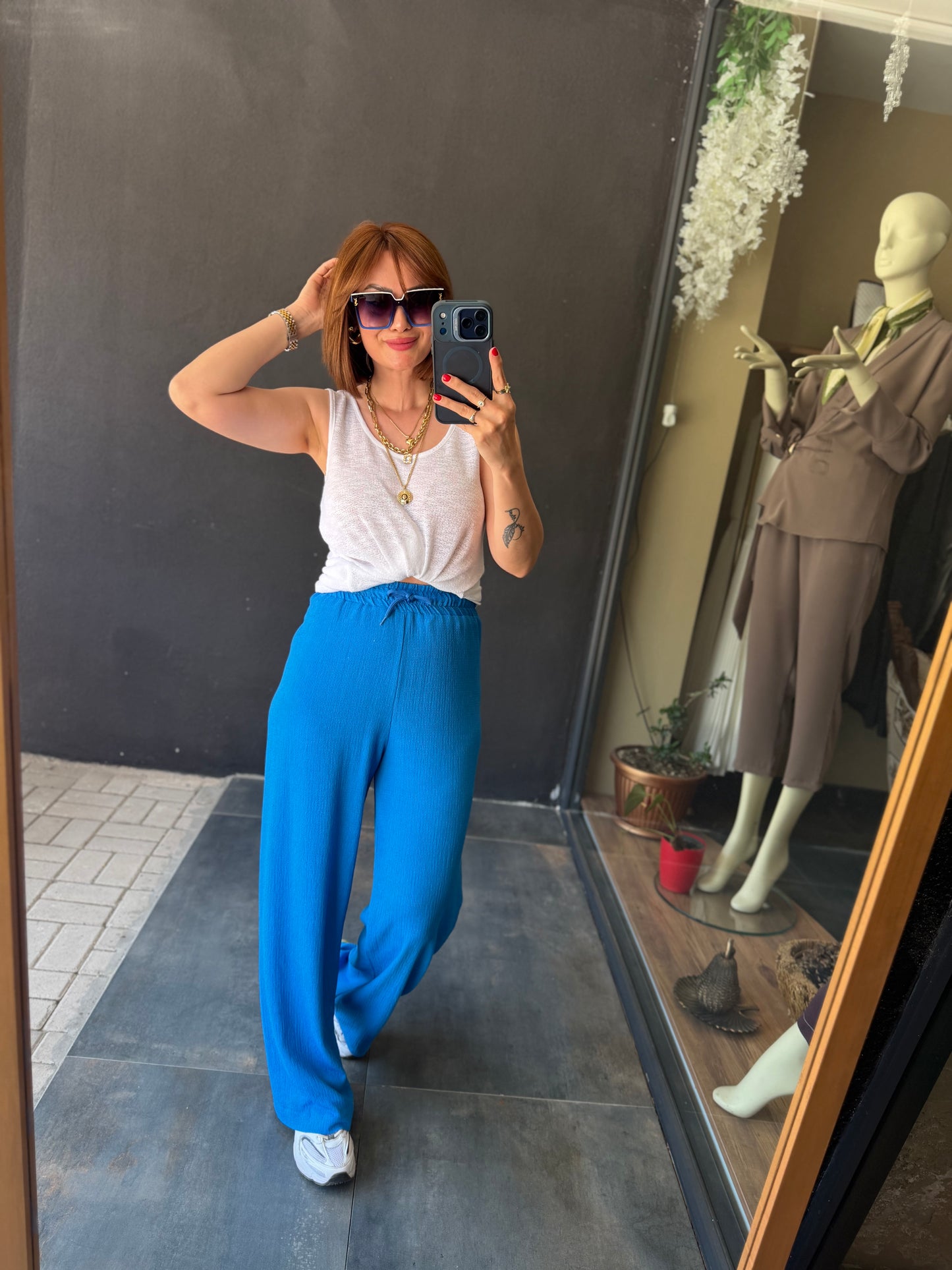 Mavi Fitilli Müslin Pantolon & Bluz Takım