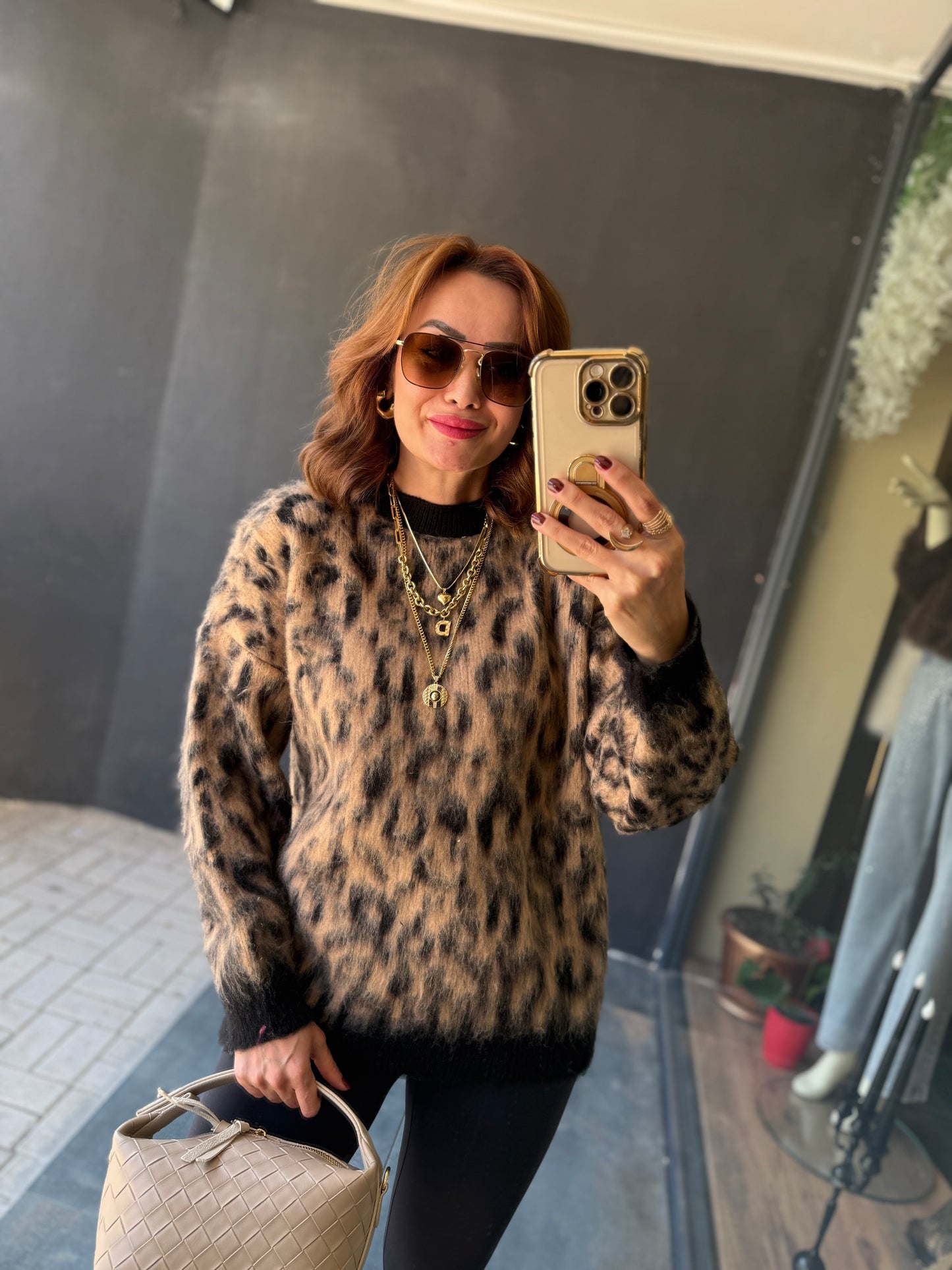 Ozi Kahve Leopar Kaşmir Kazak