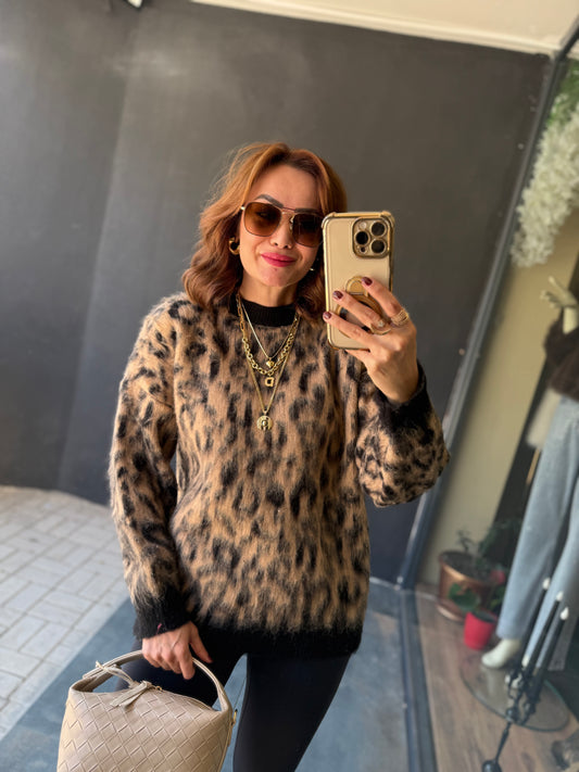 Ozi Kahve Leopar Kaşmir Kazak