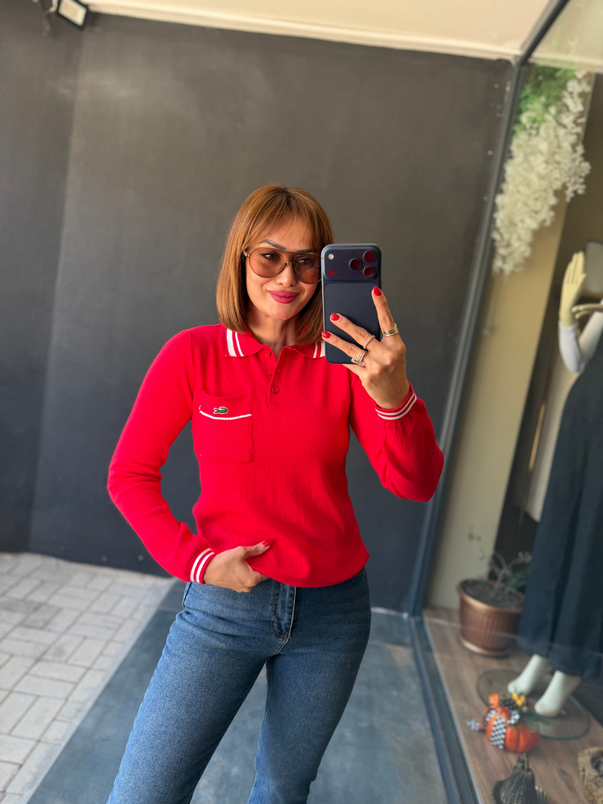 Ace Kırmızı Premium Polo Yaka Fitilli Triko Bluz