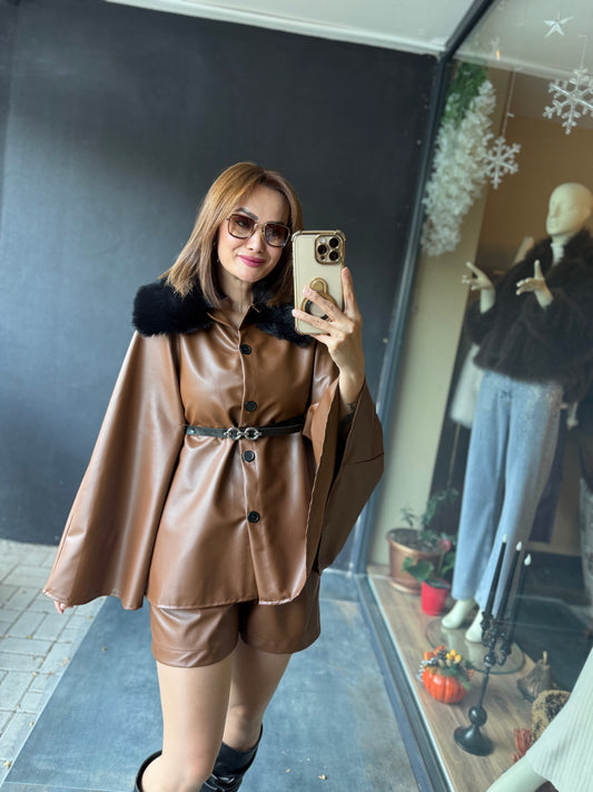 Bolonya Kahve Deri Panço & Şort Takım