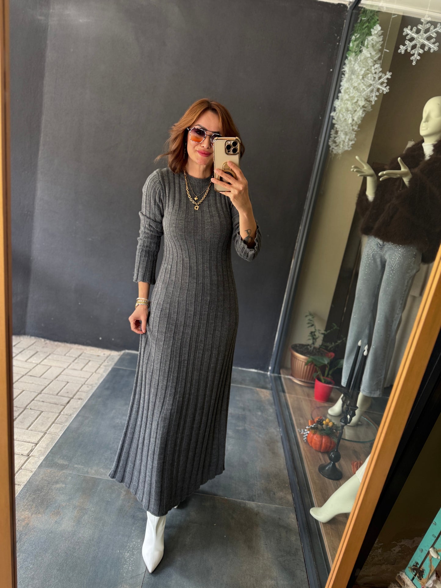 Lufi Maxi Elit Triko Gri Elbise