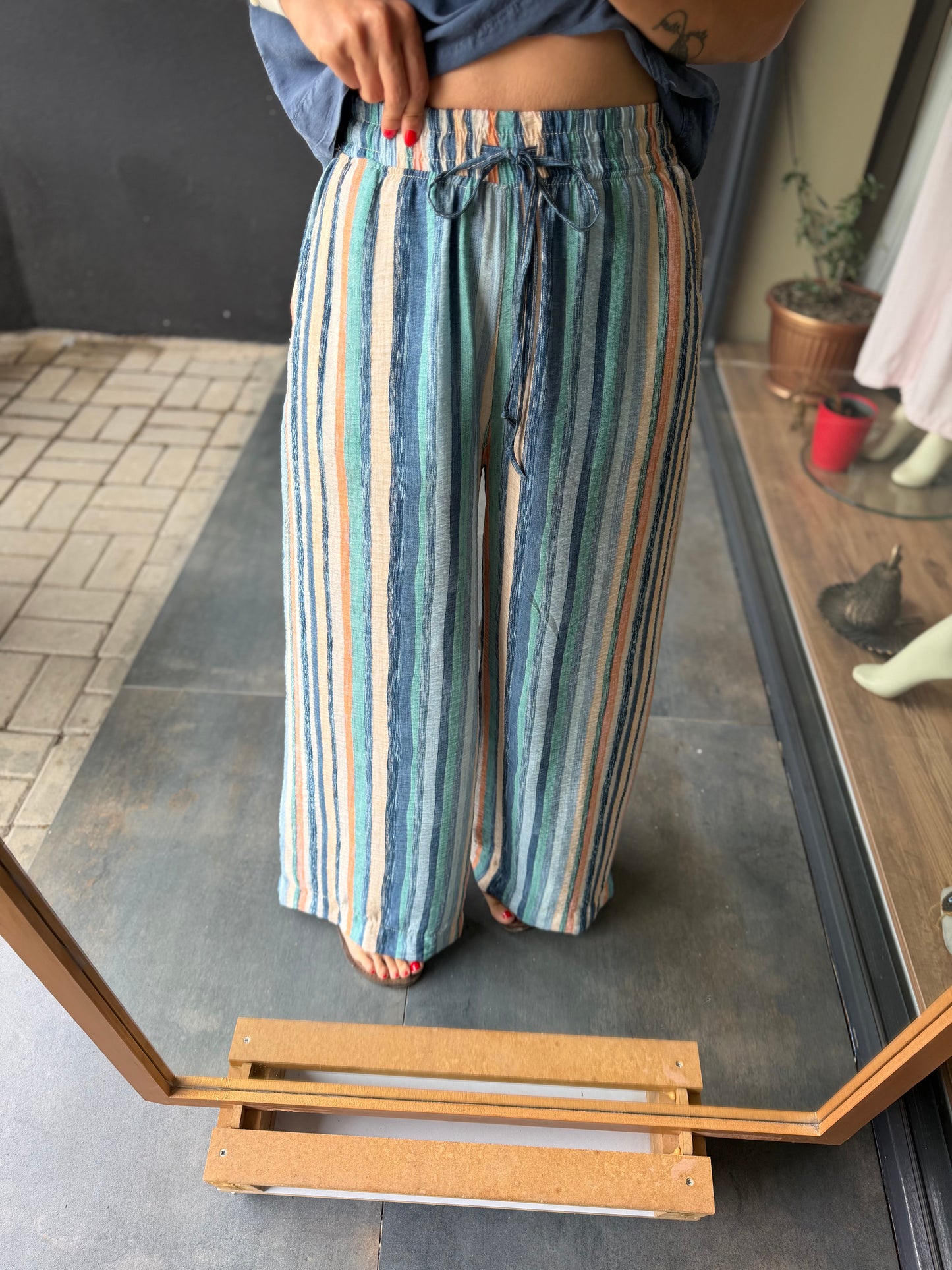 Sahara Mavi Çizgili Bol Paça Pantolon & Bluz Takım