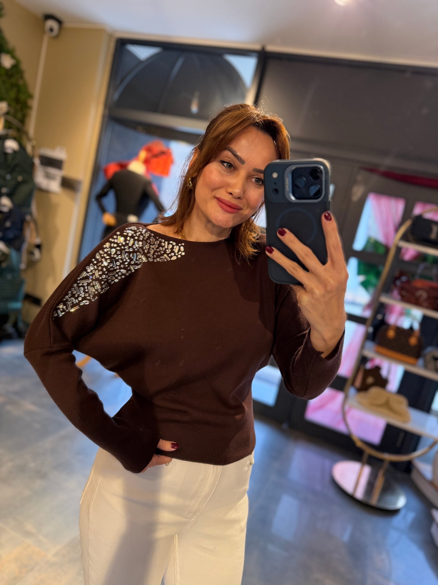 Buruni Kahve Çelik Örme Bluz