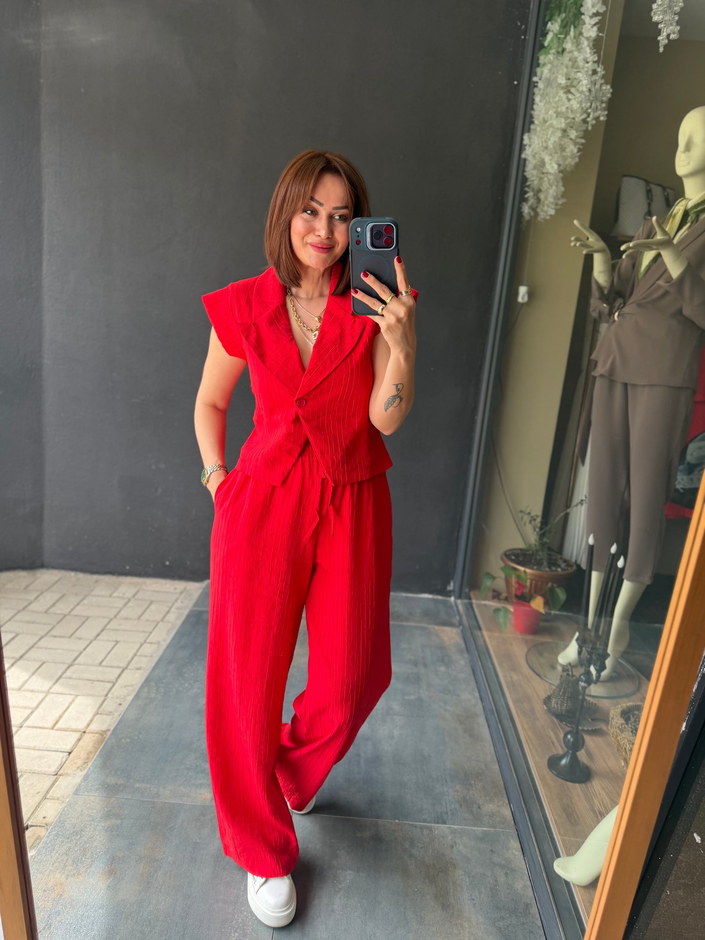 Jena Kırmızı Yelek & Pantolon Takım