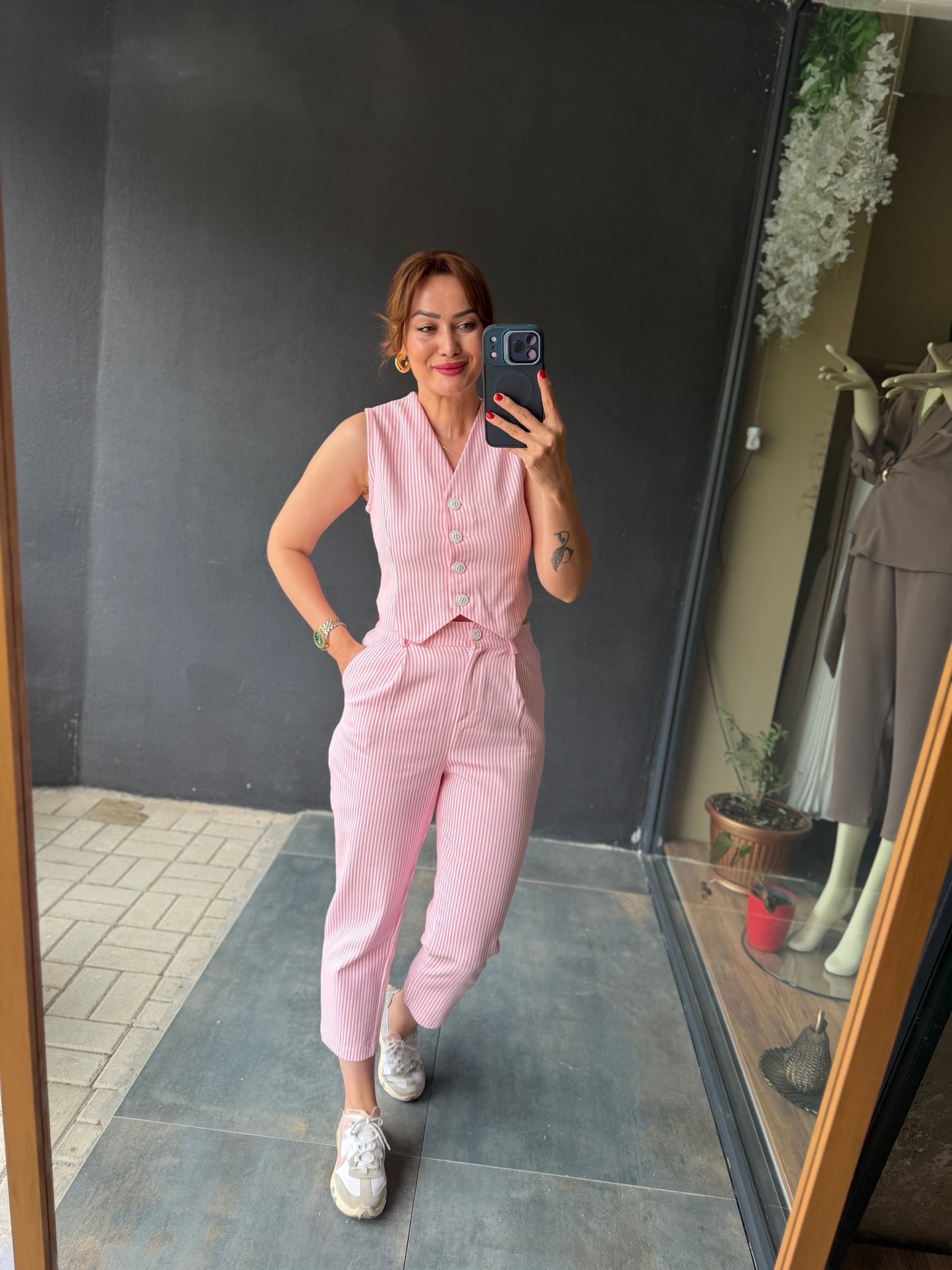 Çizgili Pembe Jean Keten Takım