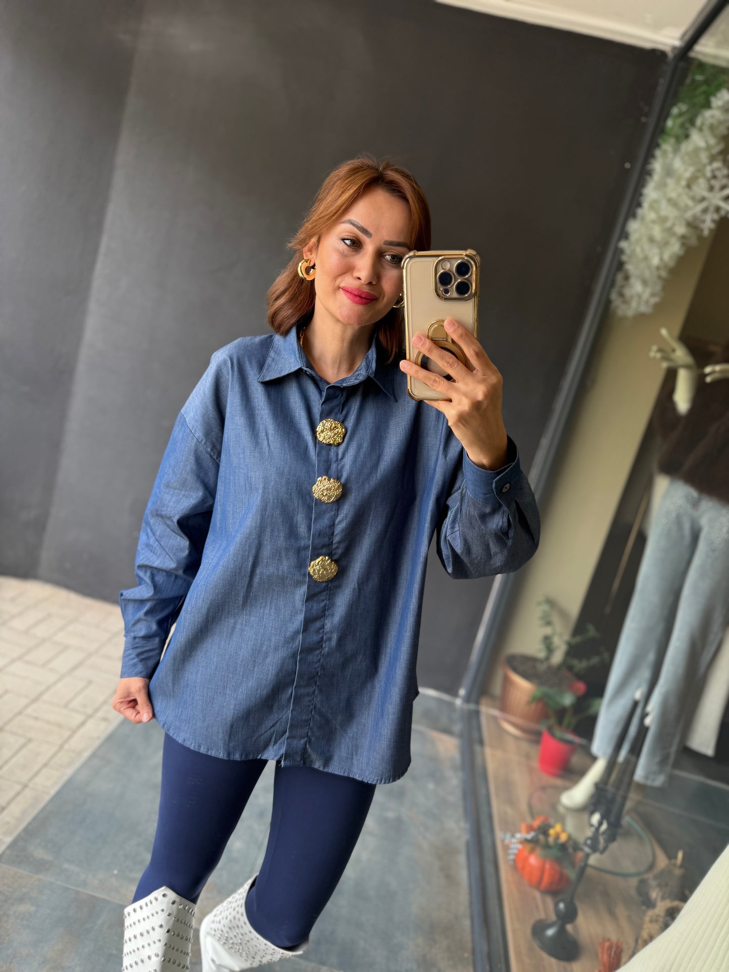 Dafina Gold Broşlu Mavi Gömlek