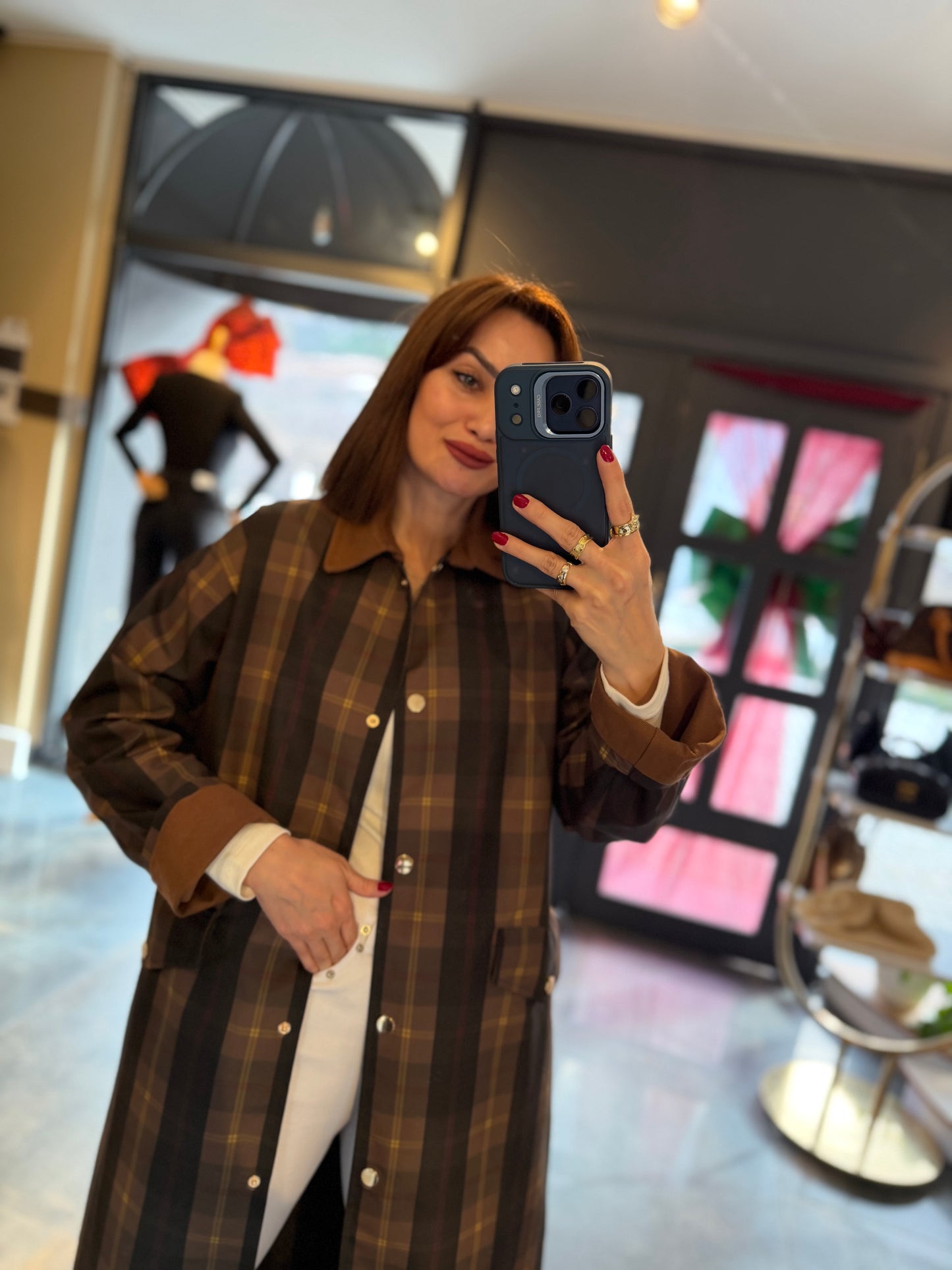 Mesli Kareli Su Geçirmez Trench