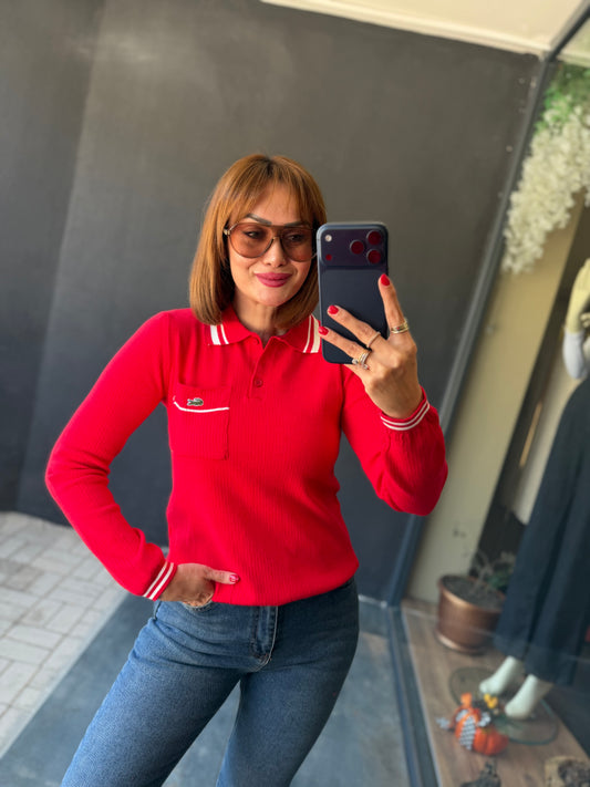 Ace Kırmızı Premium Polo Yaka Fitilli Triko Bluz