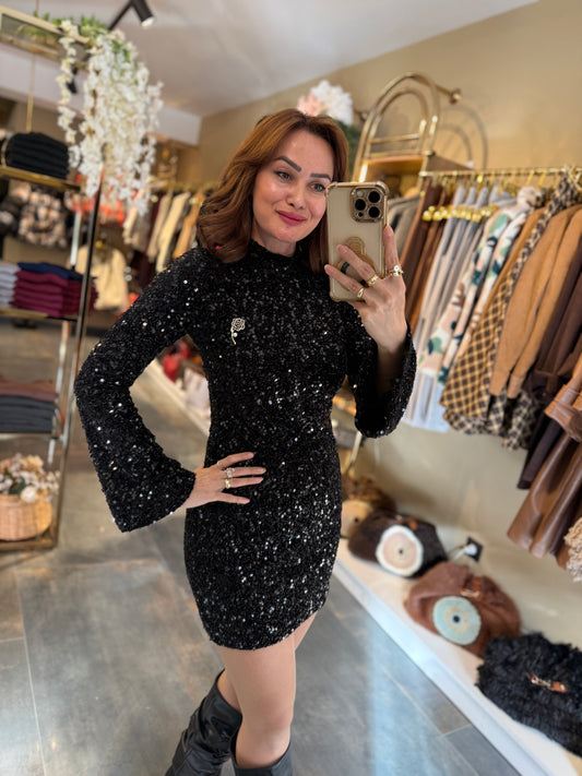 Nira İspanyol Kol Pullu Siyah Elbise