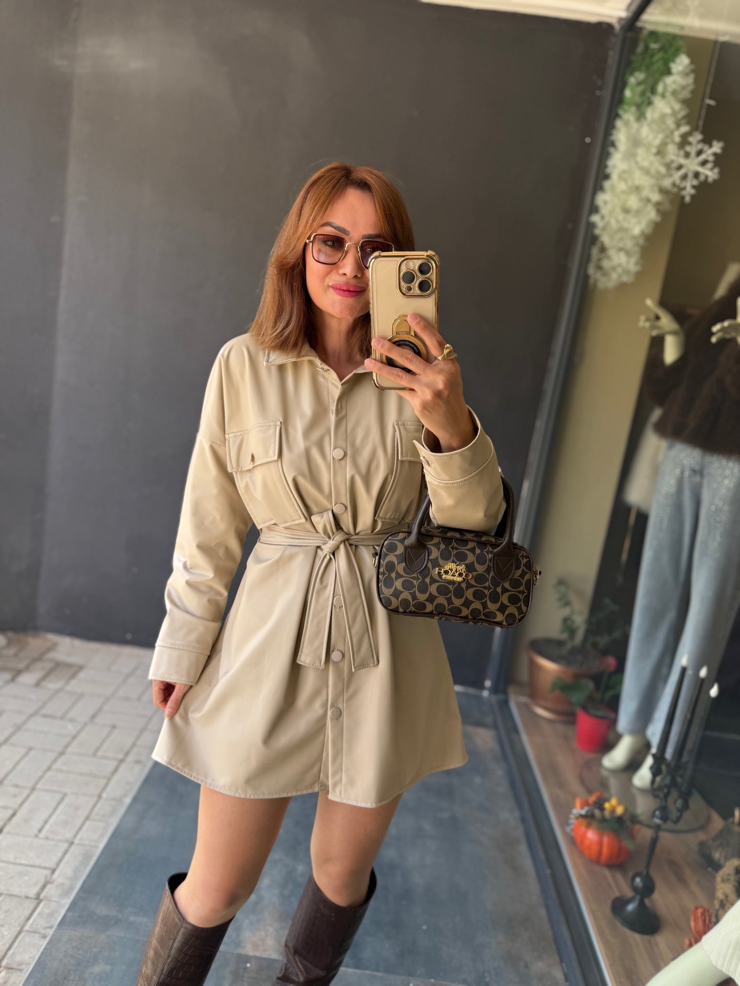 Prady Krem Deri Elbise &Tunik