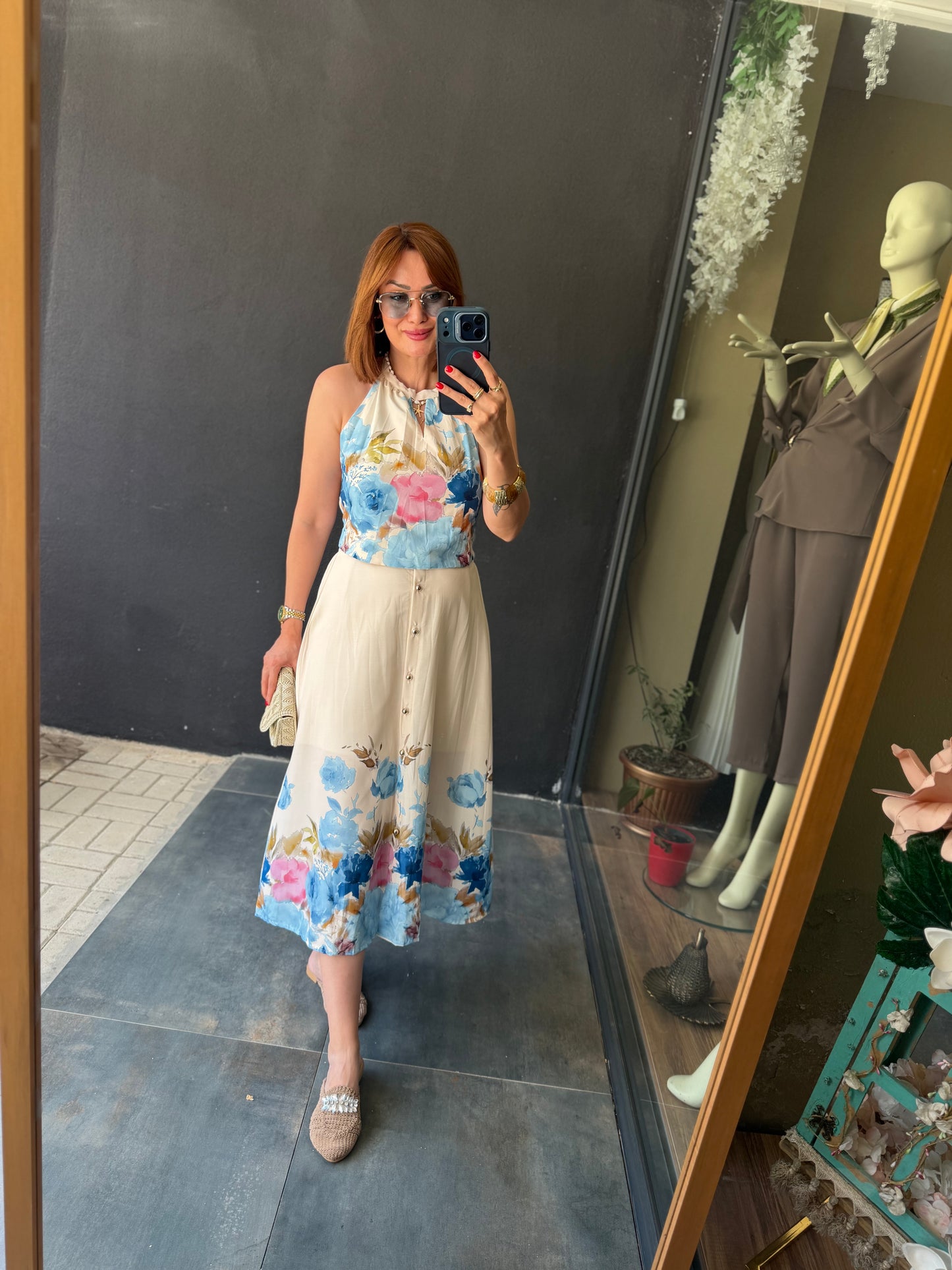 Kadın Çiçek Desenli Mavi Midi Etek ve Halter Yaka Bluz Takım