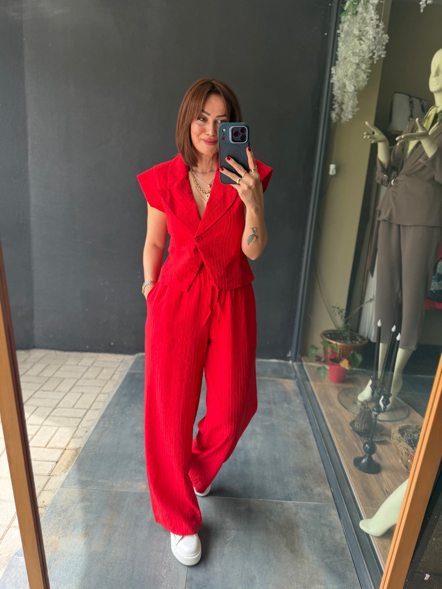 Jena Kırmızı Yelek & Pantolon Takım