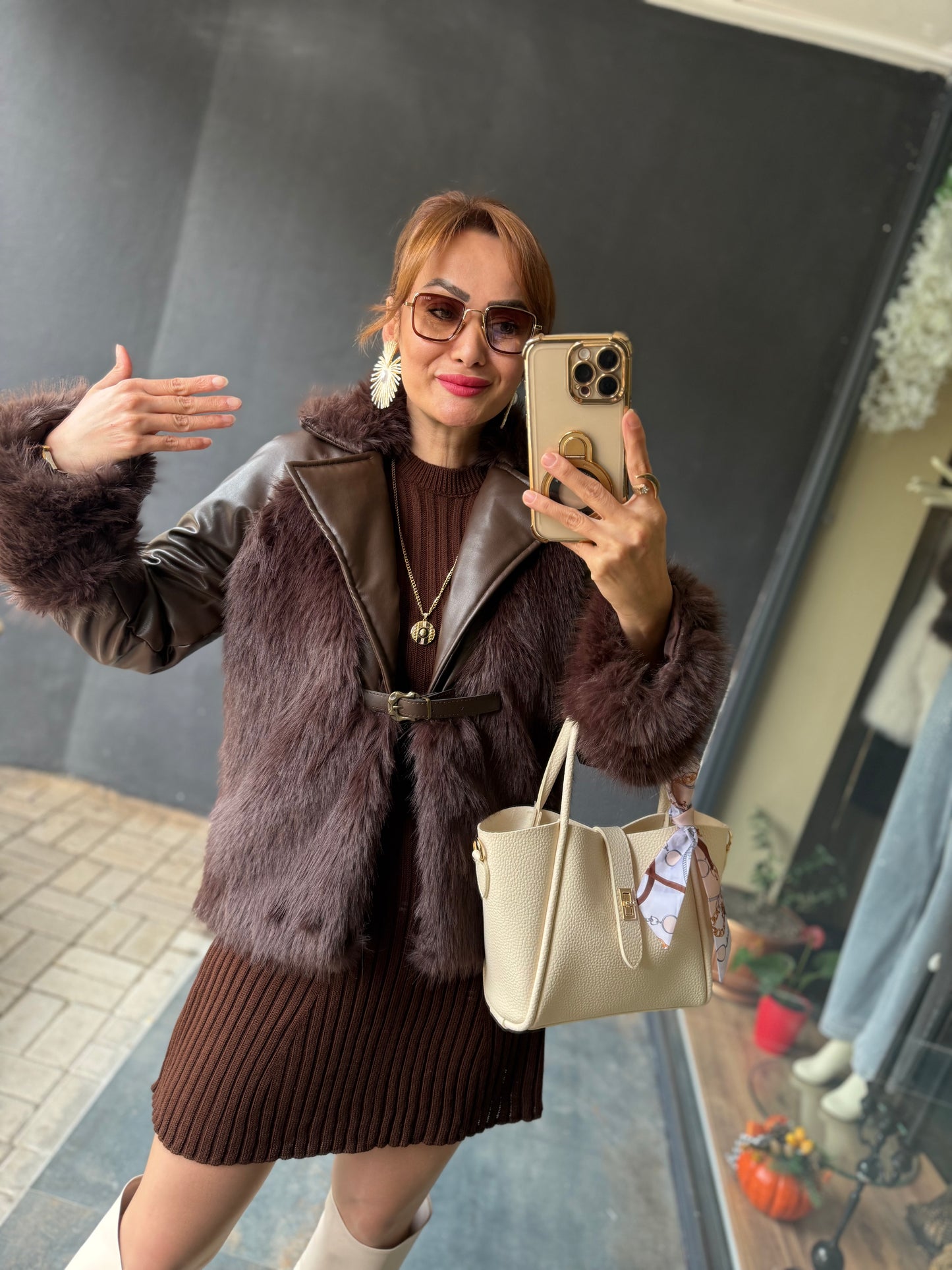 Deer Acı Kahve Deri &Kürk Ceket