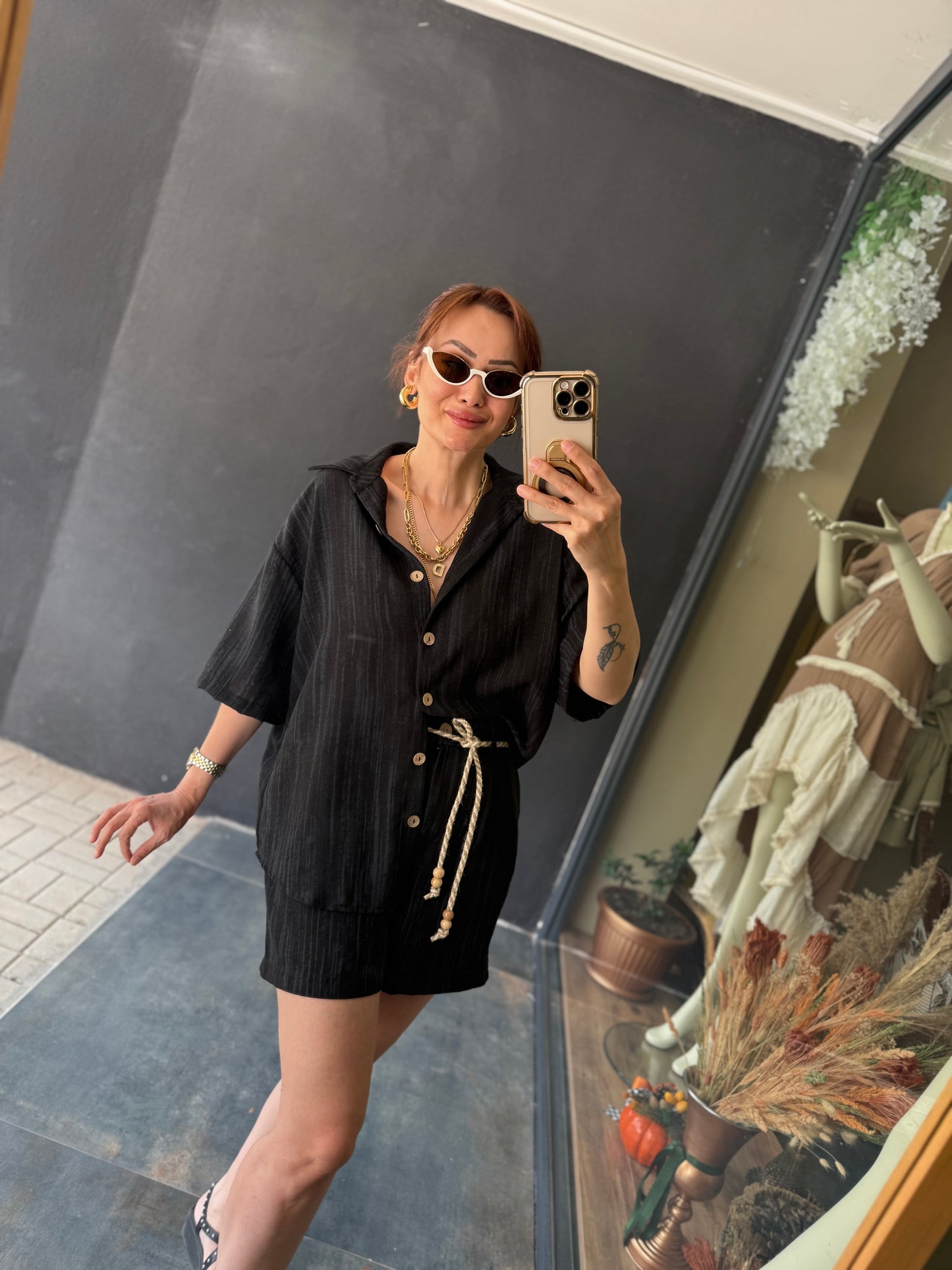 Bandido Siyah Keten Şort Takım