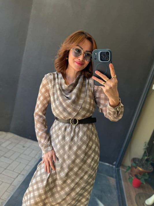 Capo Kemerli Haki Şifon Elbise