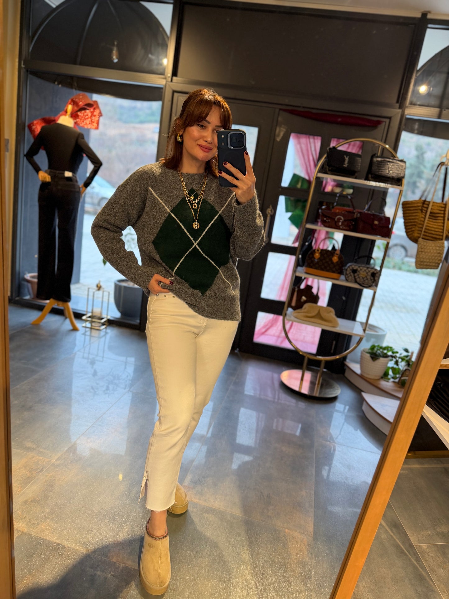 Lucente Gri Baklava Desen Kazak