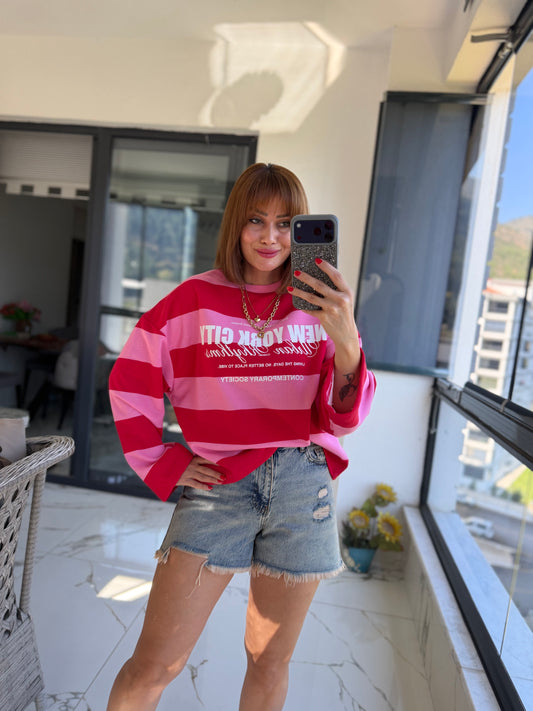 Firesh Pembe Çizgili Basic Sweat