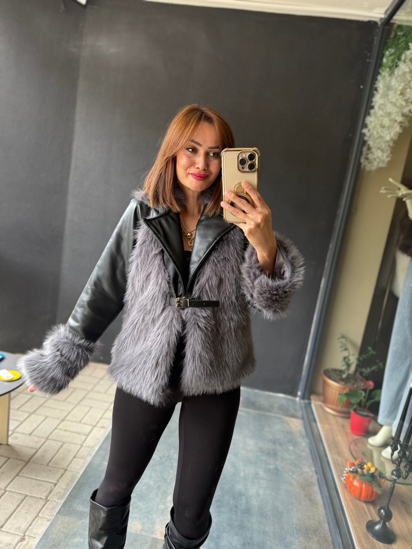 Deer Siyah Deri & Kürk Ceket