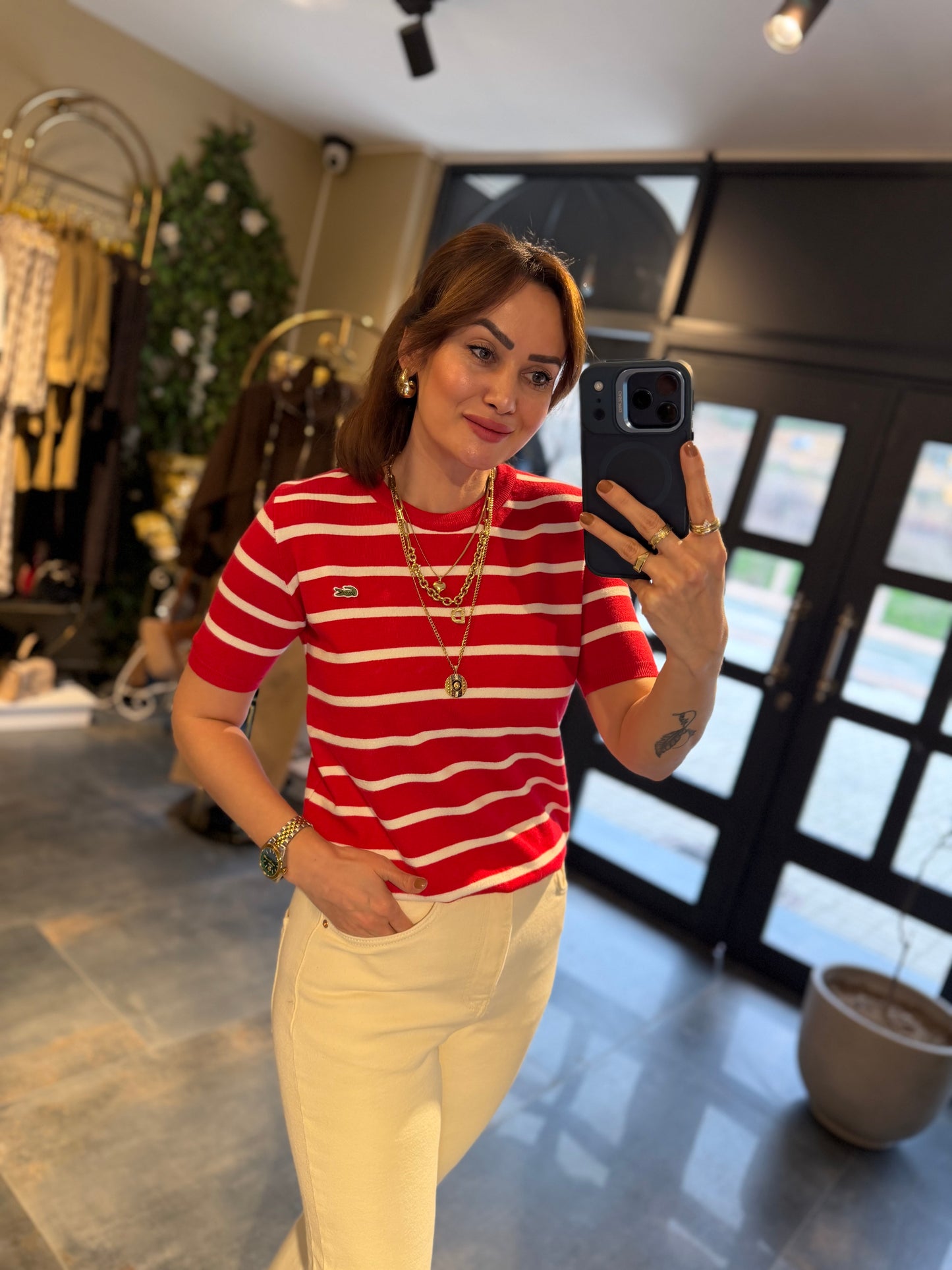 Misse Kırmızı / Beyaz Triko Dokulu T-Shirt