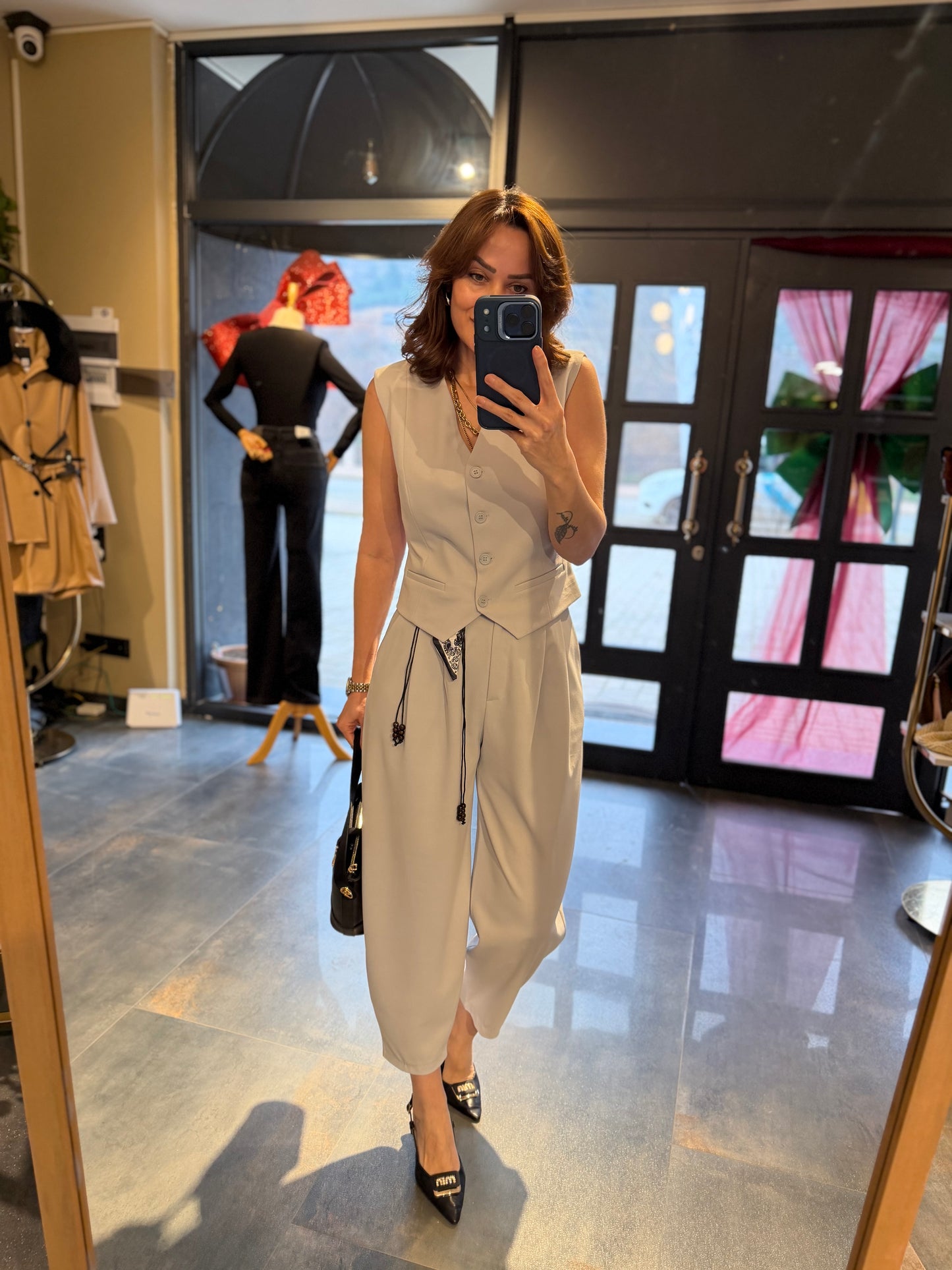 Casual Gri Harem Yelekli Takım