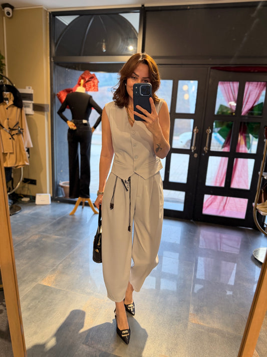 Casual Gri Harem Yelekli Takım