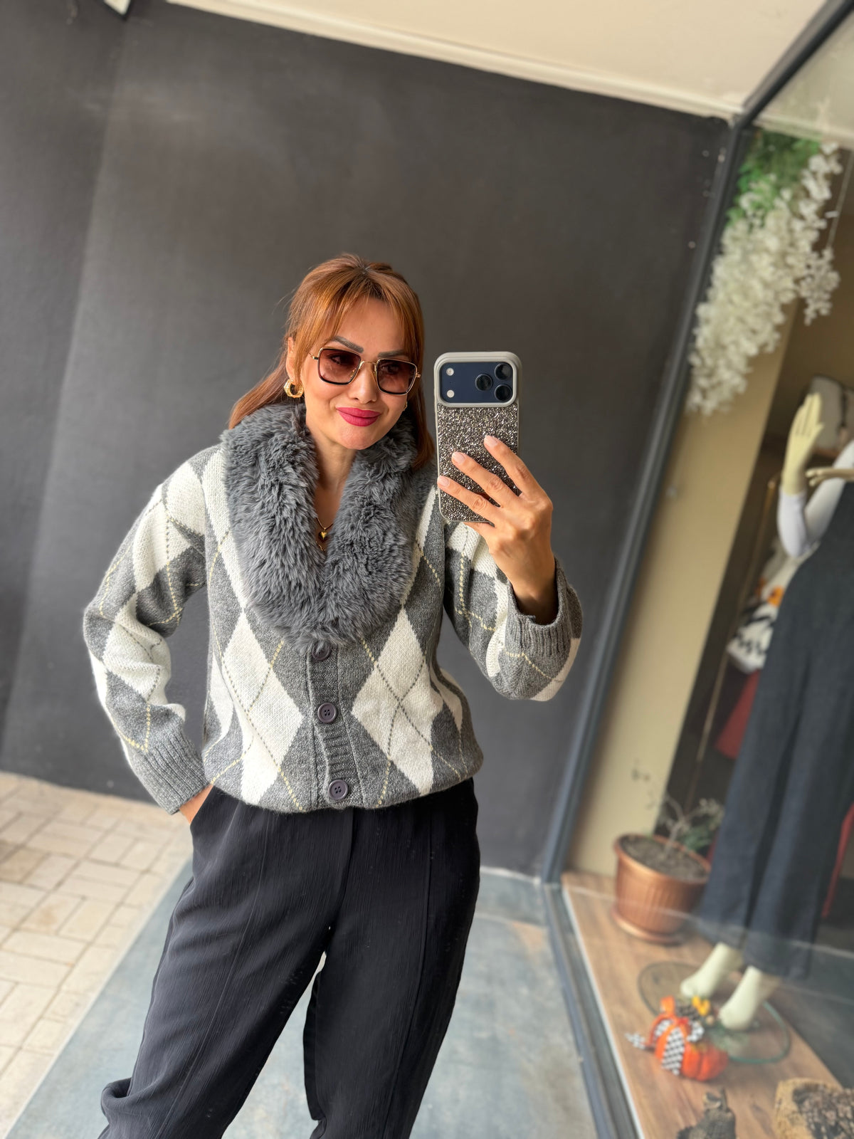 Taormina Gri Baklava Desen Hırka