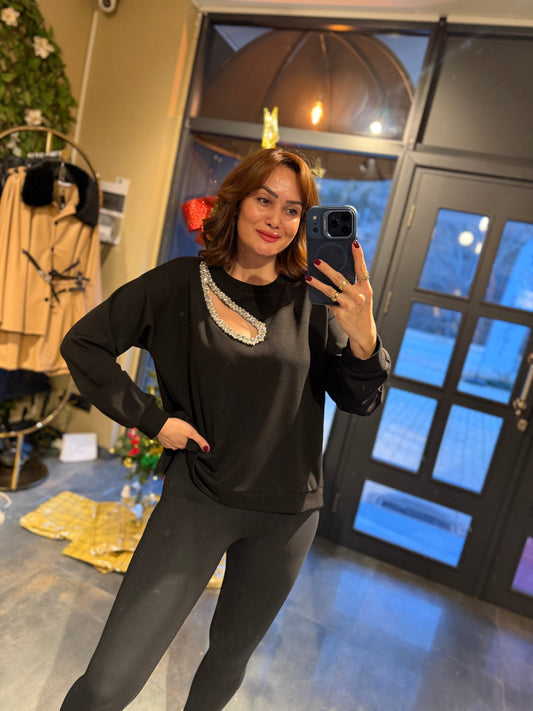 Asso Siyah Taş Detaylı Sweat