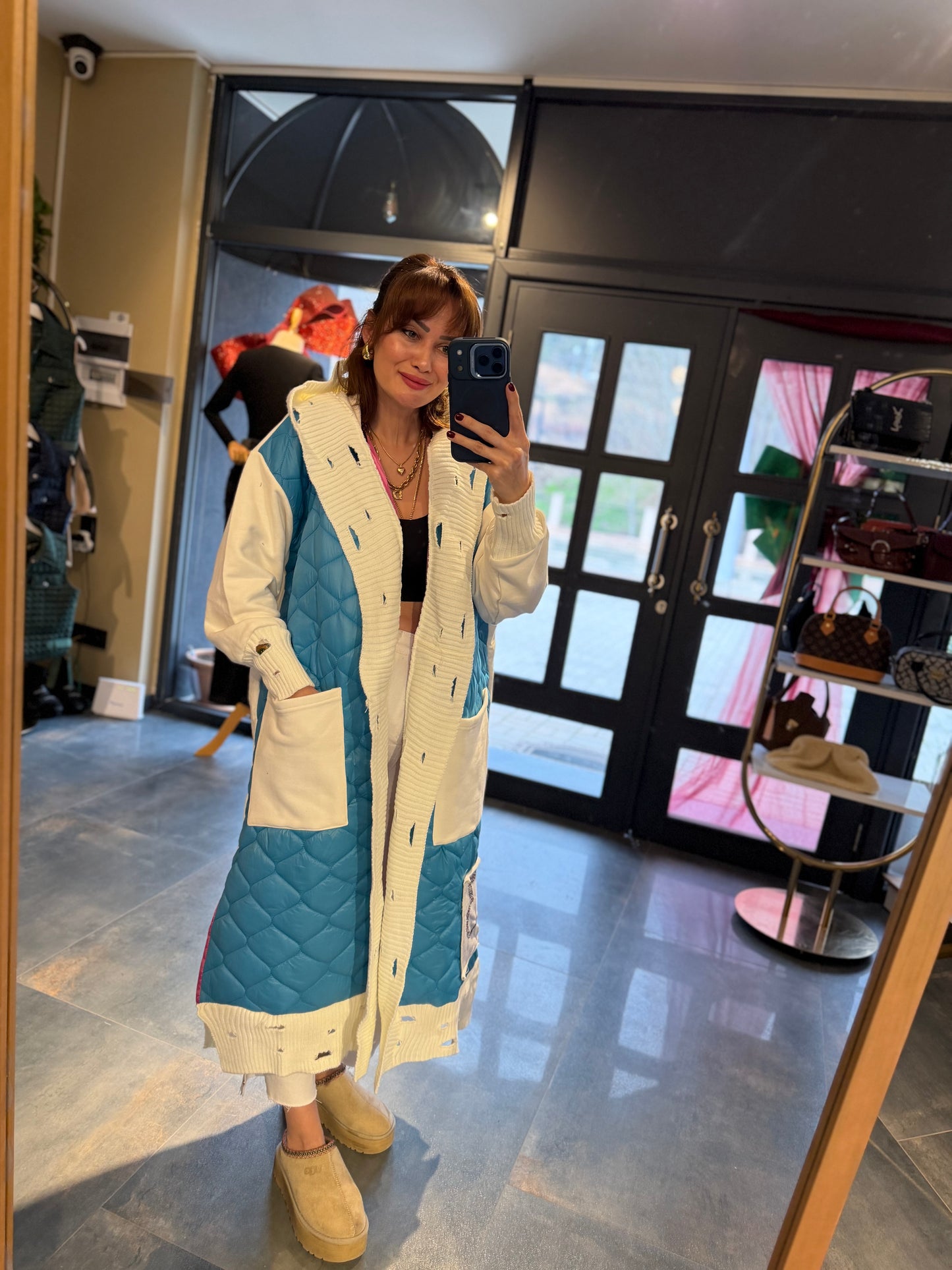 Linen Mavi Capitone Detay Hırka