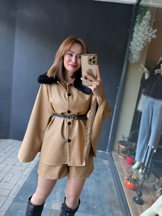 Bolonya Bej Deri Panço &Şort Takım