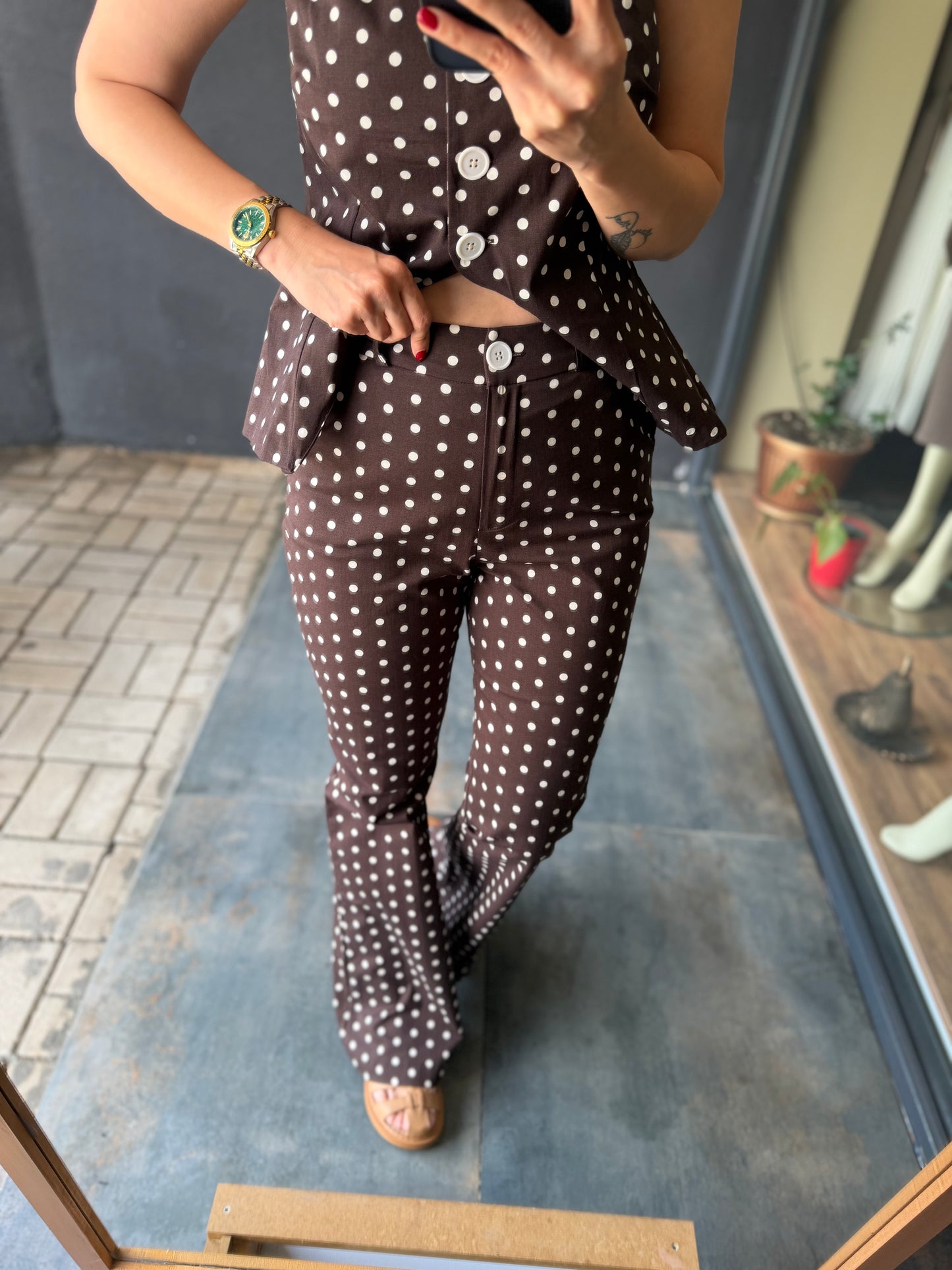 Kahve Puantiyeli Vintage Pantolon Takımı