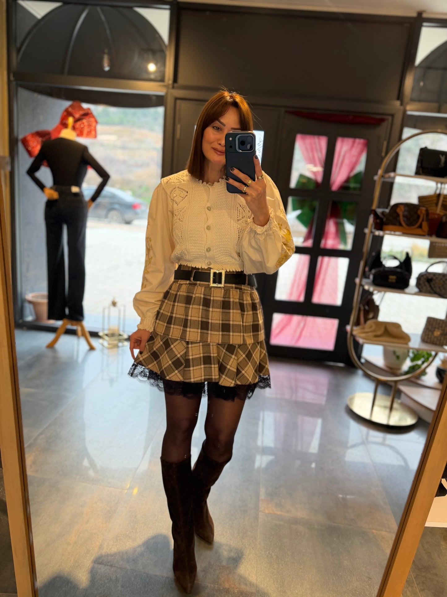 Livin Kahve Kareli Etek