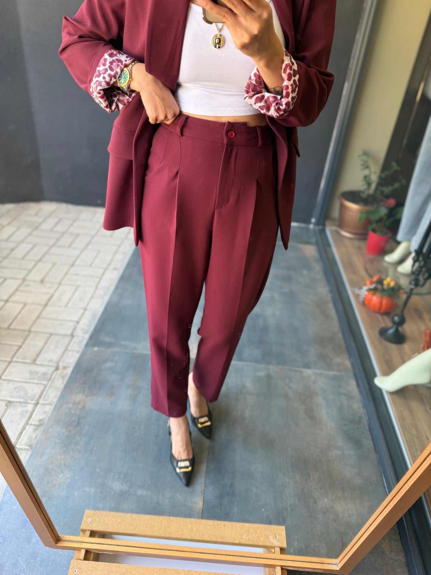 Melanj Bordo Ceket&Pantolon Takım