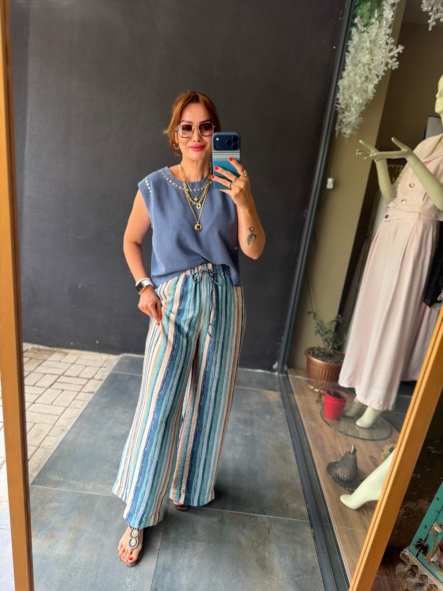 Sahara Mavi Çizgili Bol Paça Pantolon & Bluz Takım