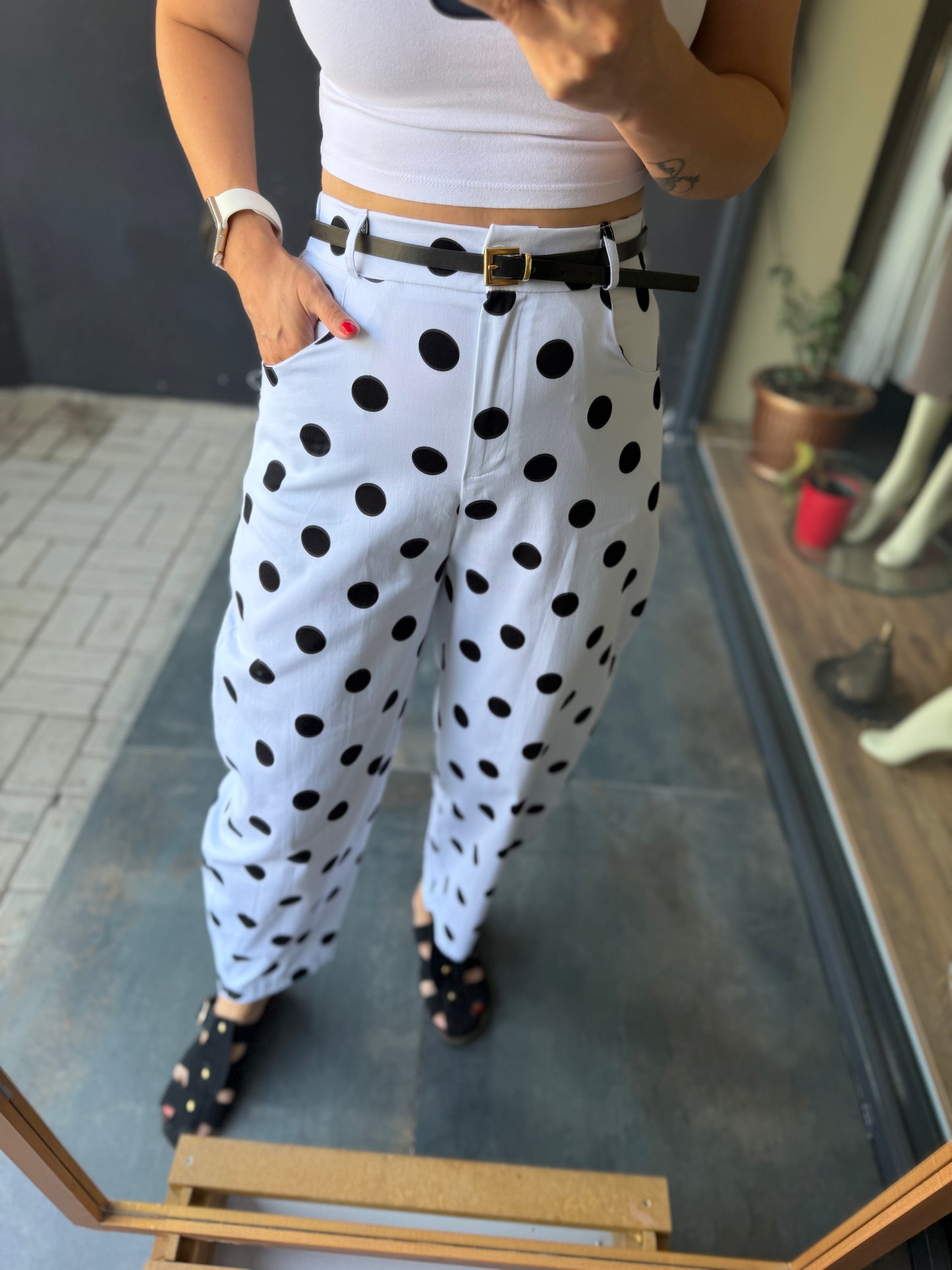 Puantiyeli Siyah Baggy Pantolon