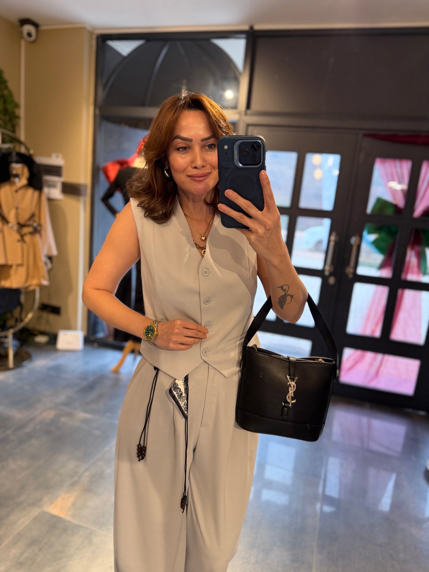 Casual Gri Harem Yelekli Takım