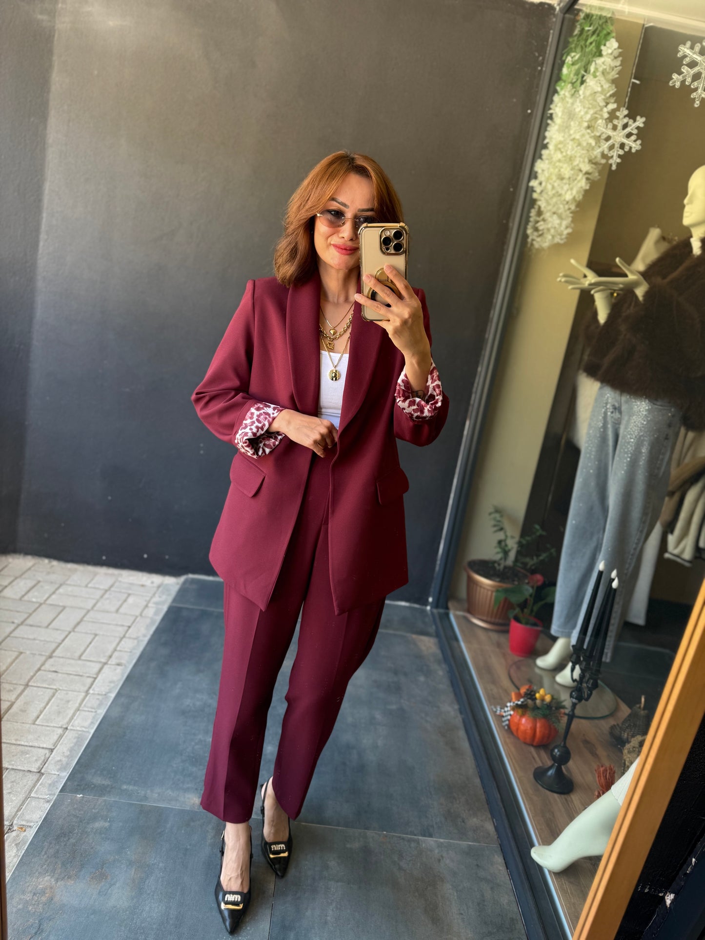 Melanj Bordo Ceket&Pantolon Takım