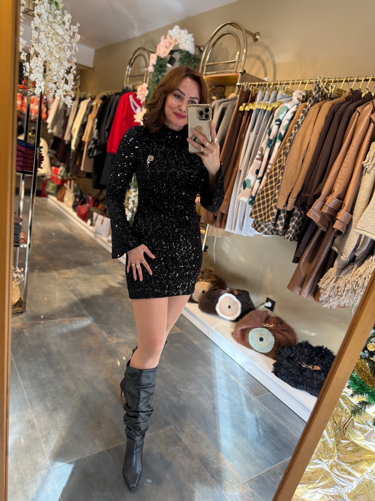 Nira İspanyol Kol Pullu Siyah Elbise