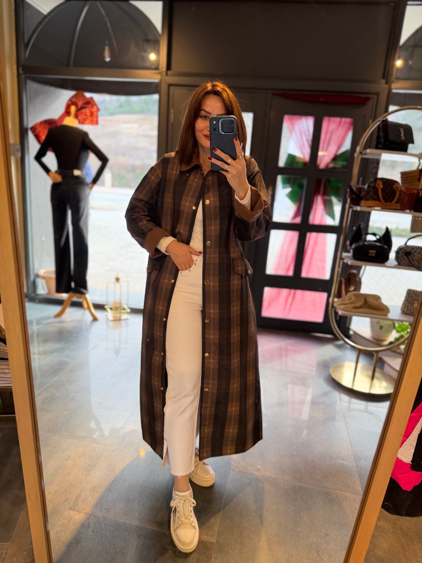 Mesli Kareli Su Geçirmez Trench