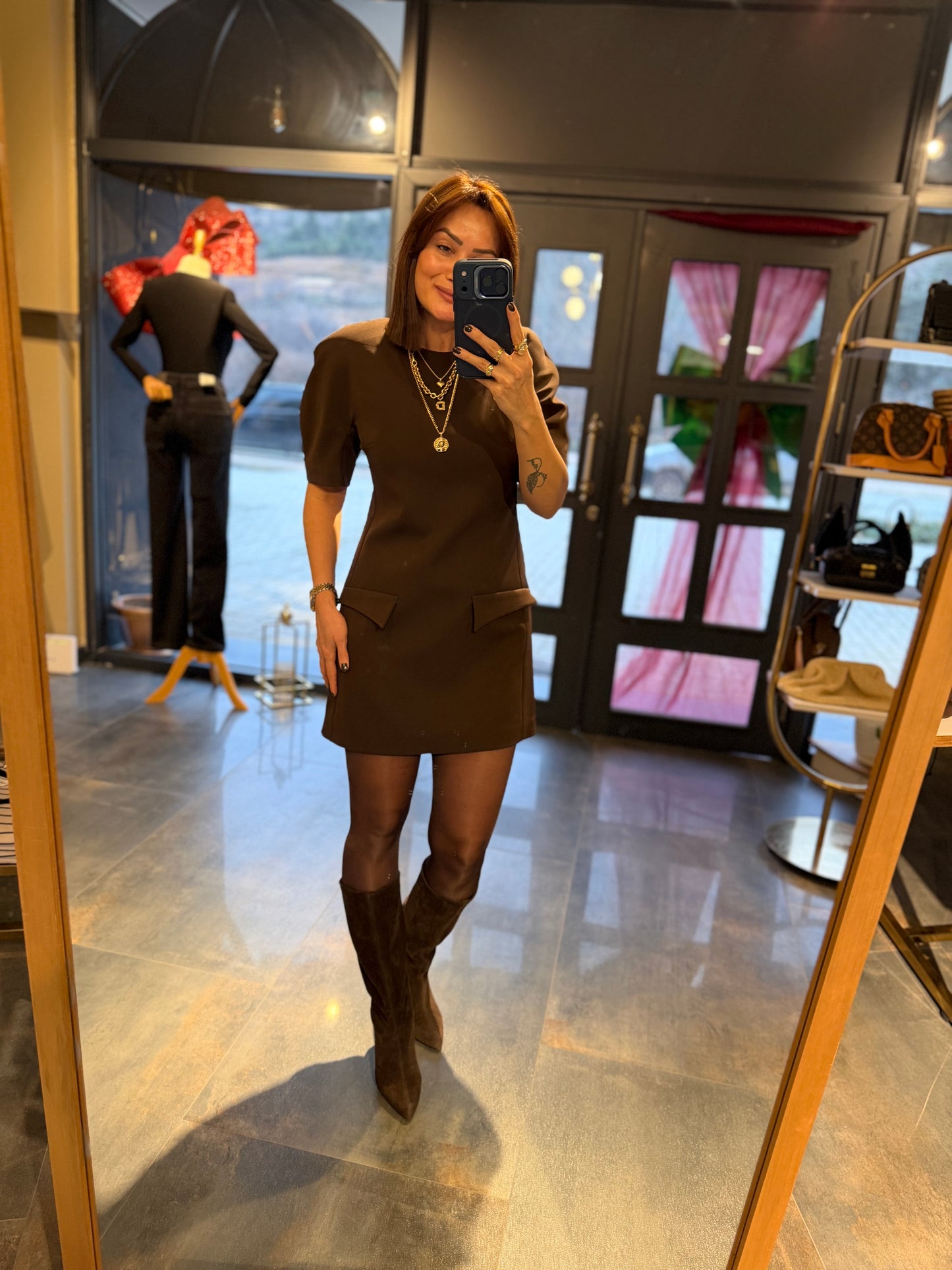 Moss Kahve Cep Detaylı Vatkalı Elbise