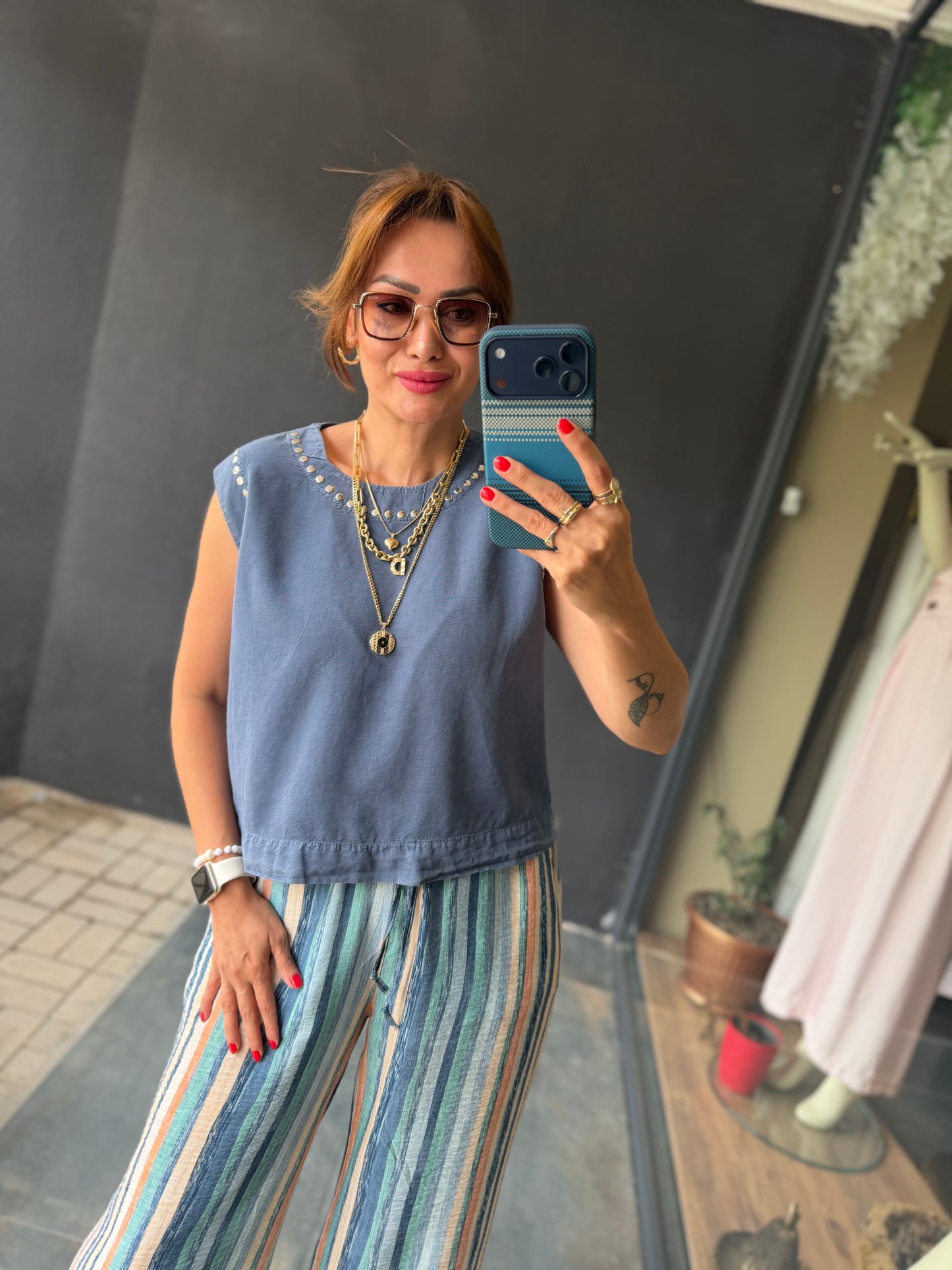 Sahara Mavi Çizgili Bol Paça Pantolon & Bluz Takım