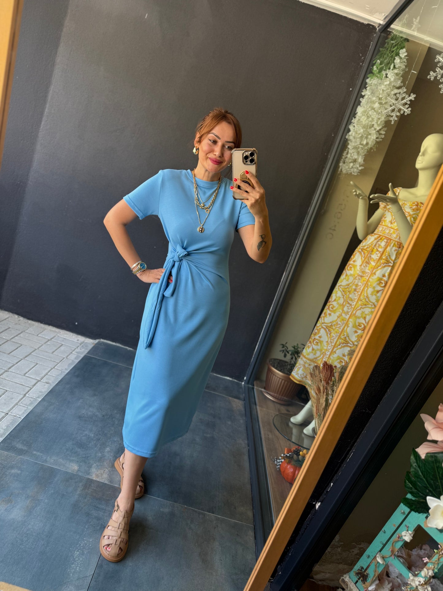 Fragman Modal Mavi Kuşaklı Elbise