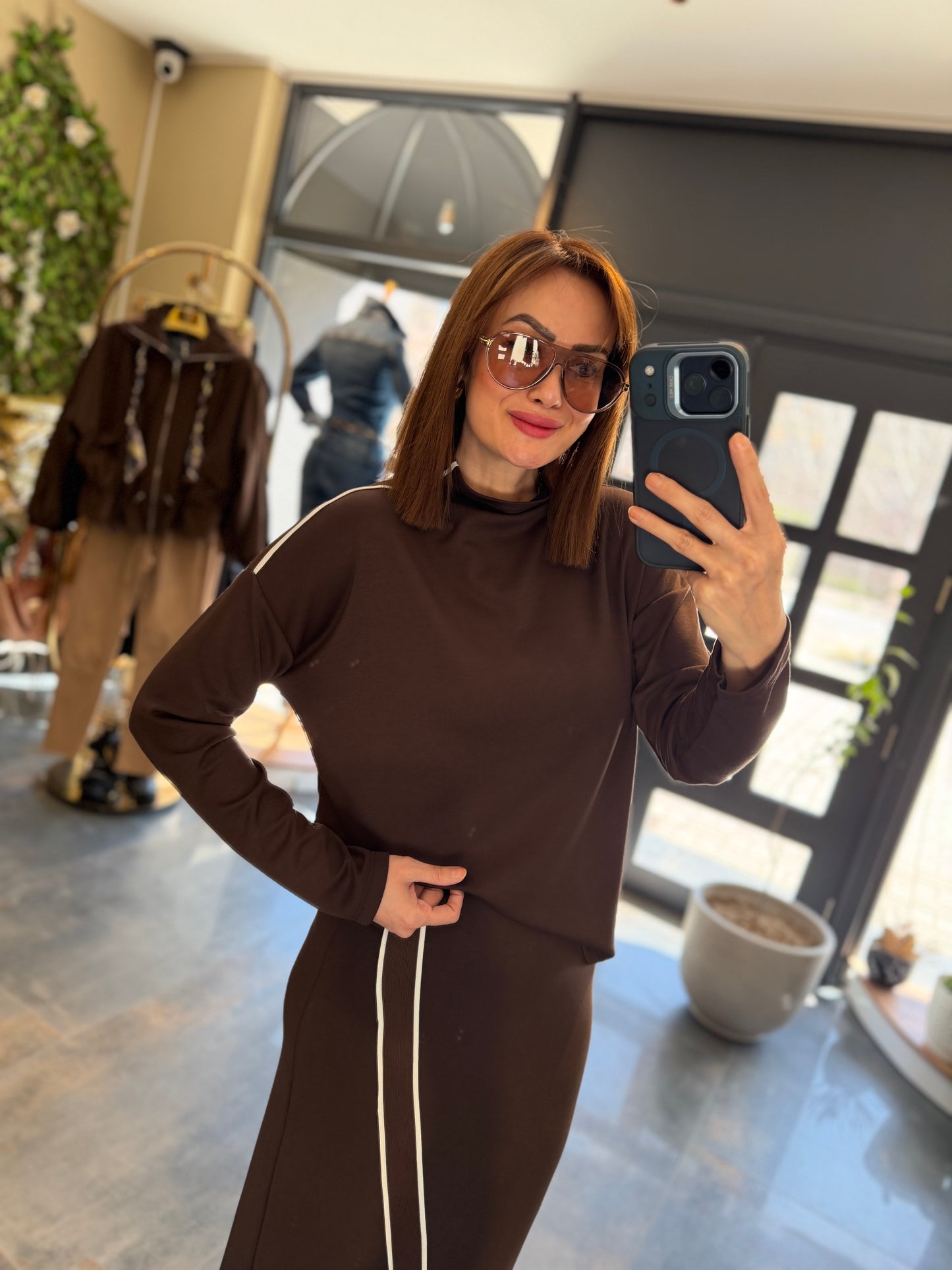 Noche Kahve Beyaz Şeritli Modal Takım